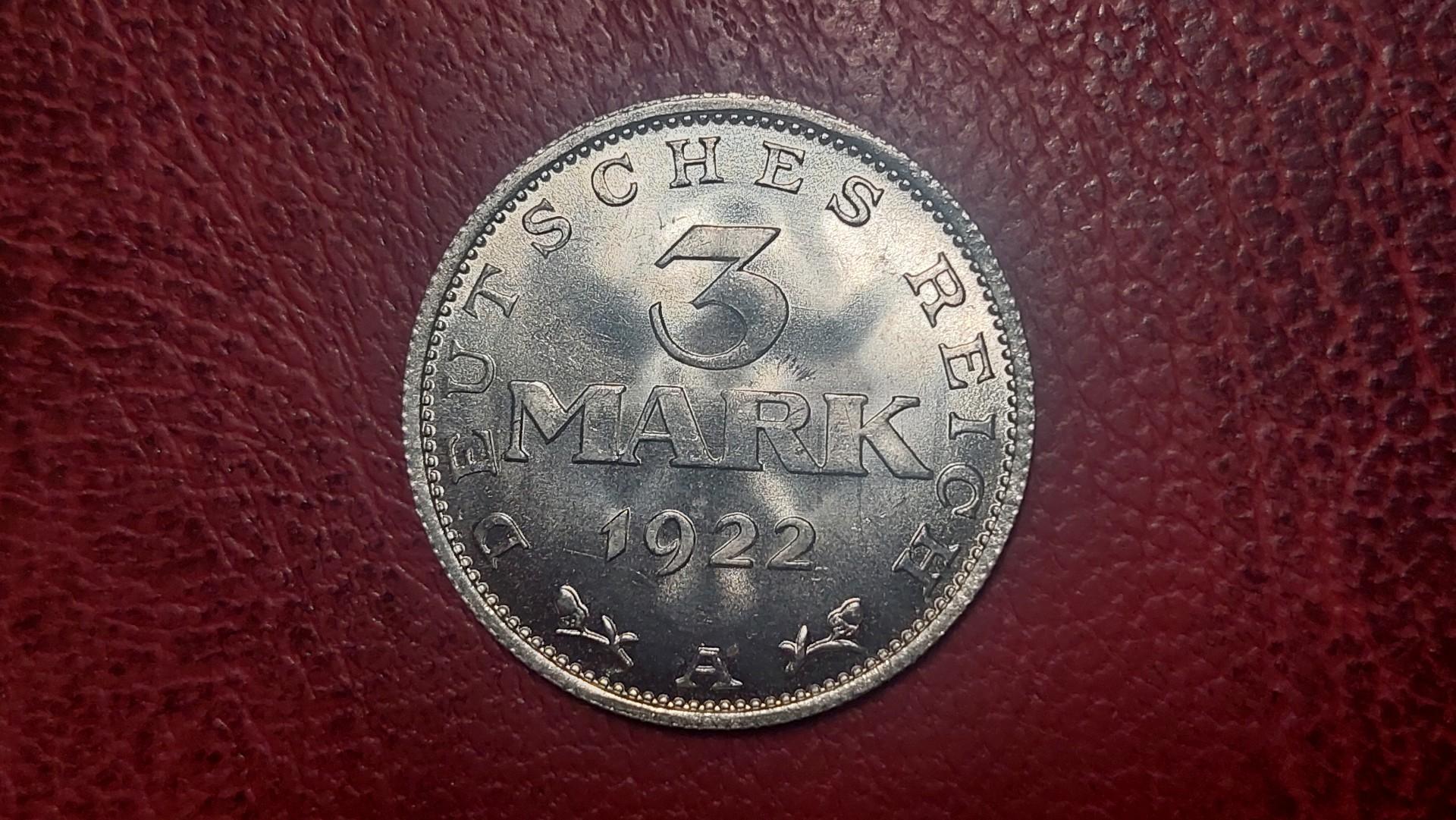 Vokietija 3 markės, 1922A KM# 29 Veimaro konst.