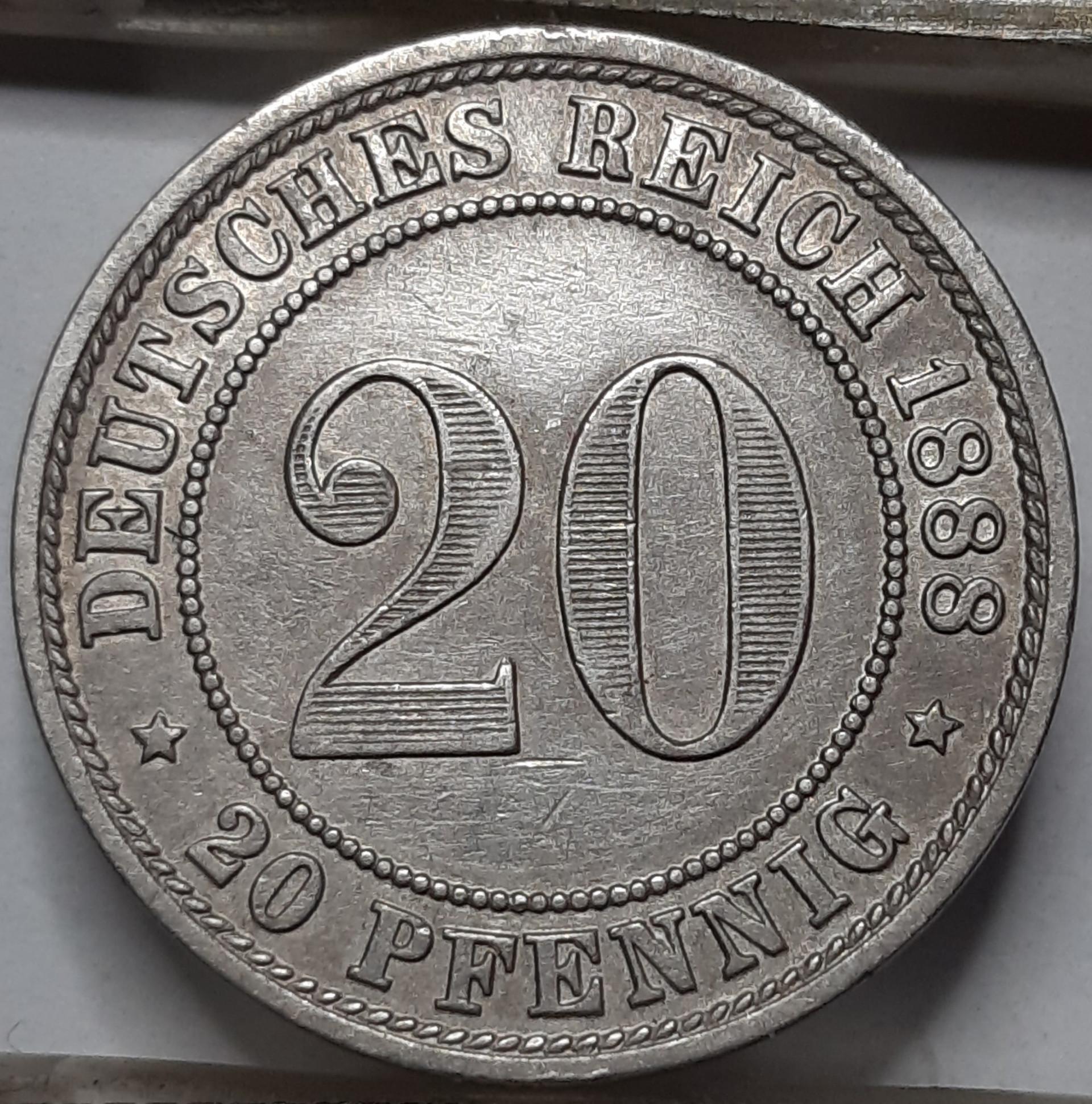 Vokietija 20 Pfenigų 1888 A KM#9 (5025) 