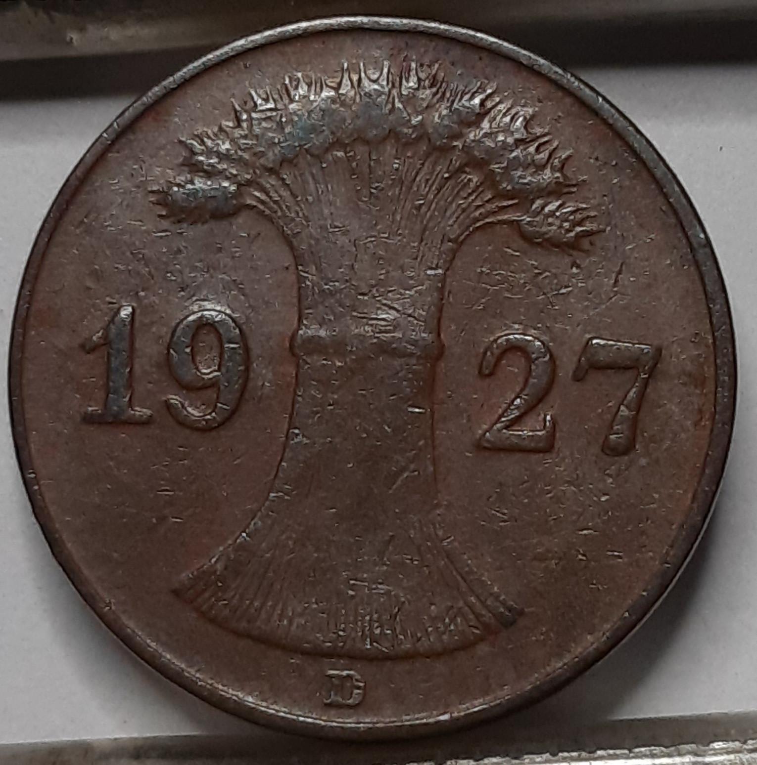 Vokietija 1 Reichspfenigas 1927 D KM#37 (4995) 