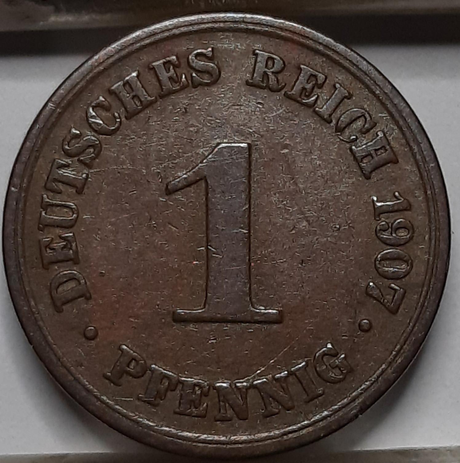 Vokietija 1 Pfenigas 1907 D KM#10 Varis (5089) 