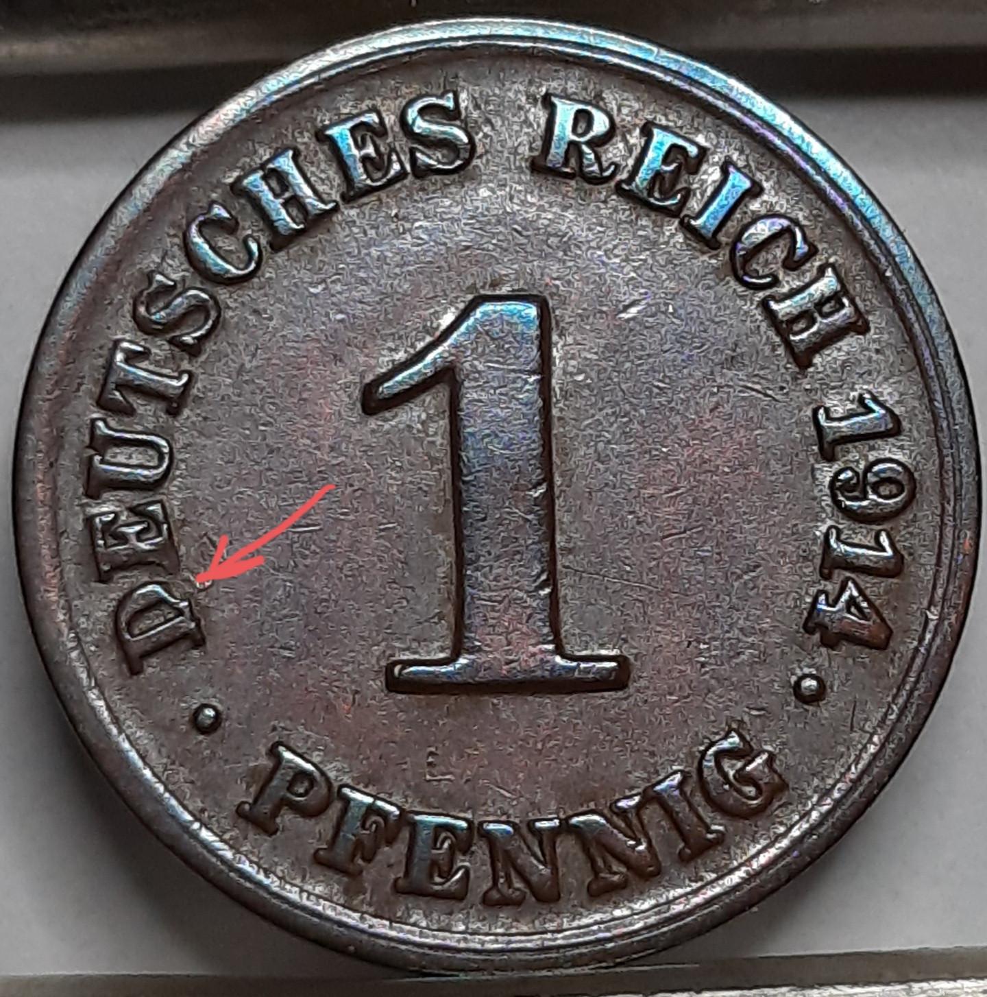 Vokietija 1 Pfenigas 1914 D KM#10 Varis (5141) 