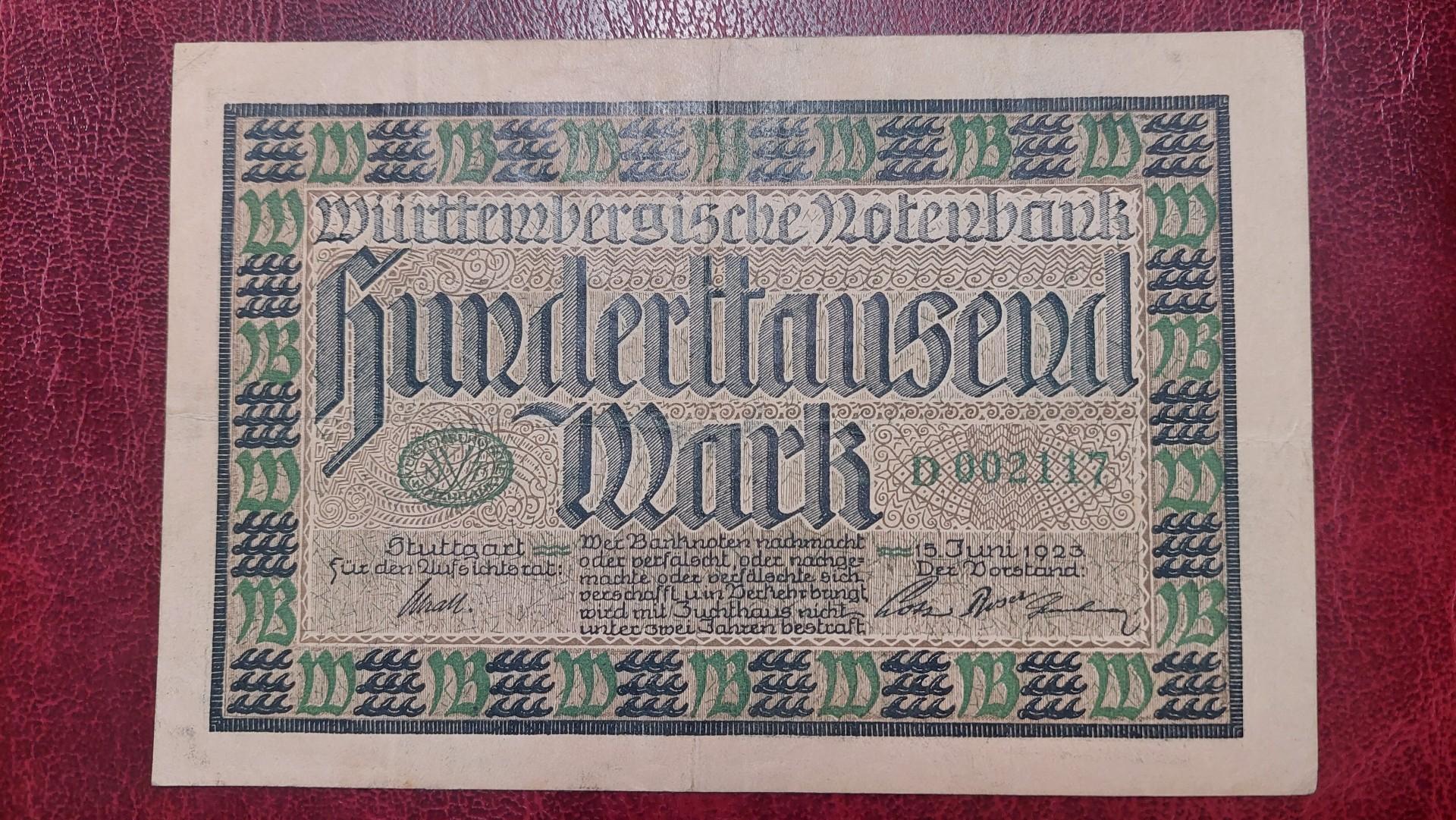 100,000 Mark 1923.06.15 Stuttgart Notgeld Vokietija