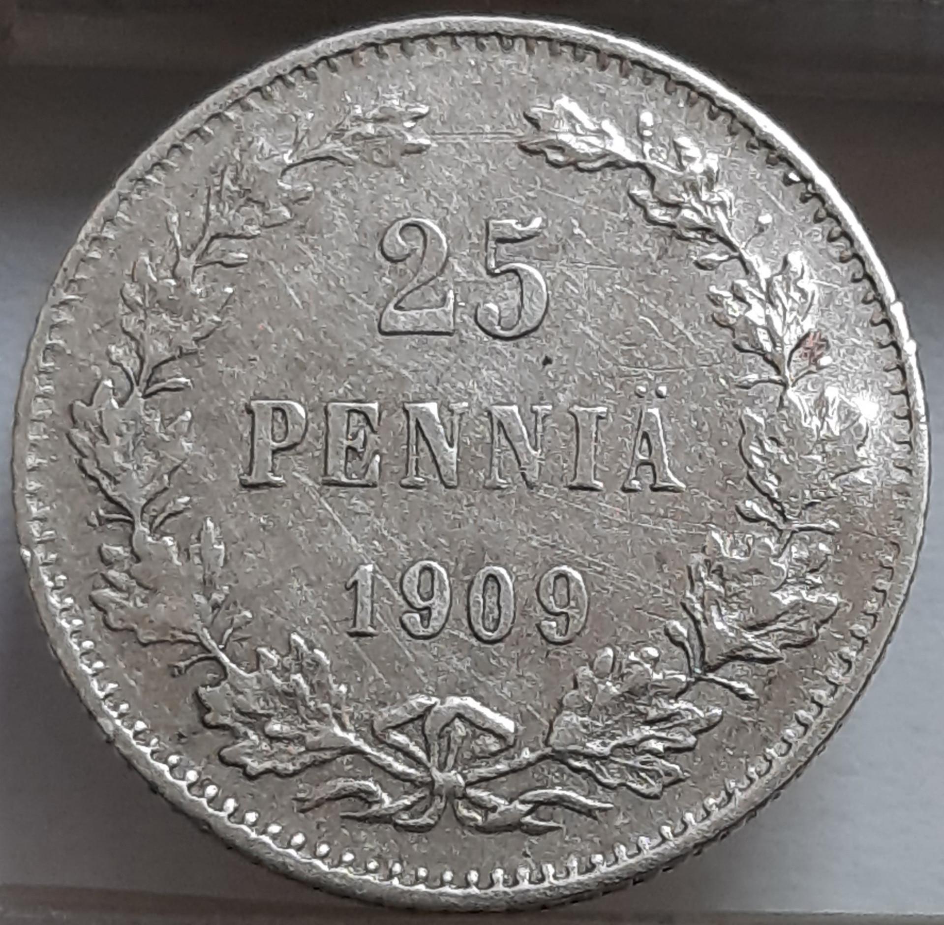 Suomija 25 Pensai 1909 KM#6.2 Sidabras (5385) 