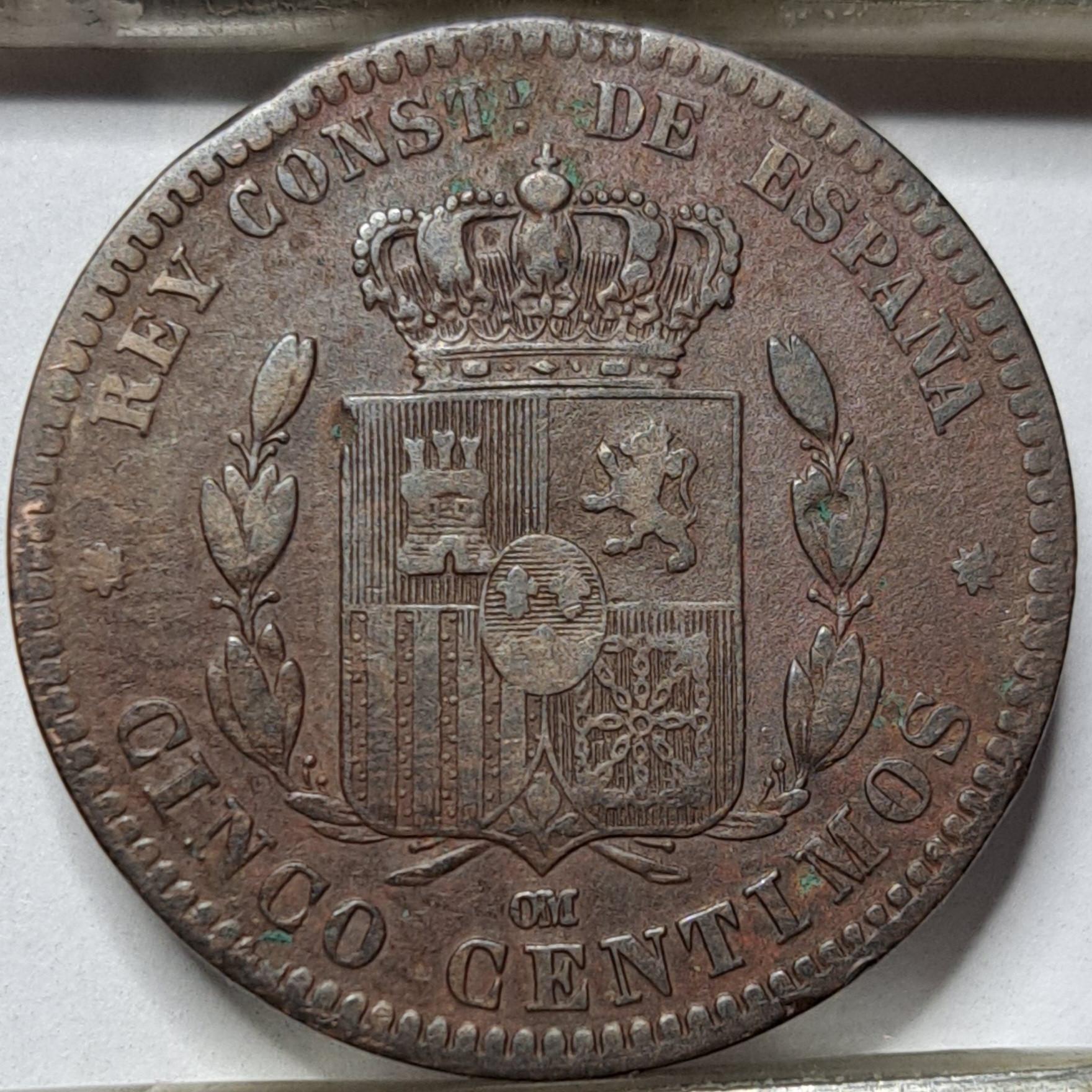 Ispanija 5 Sentimai 1877 KM#674 Bronza (5442)