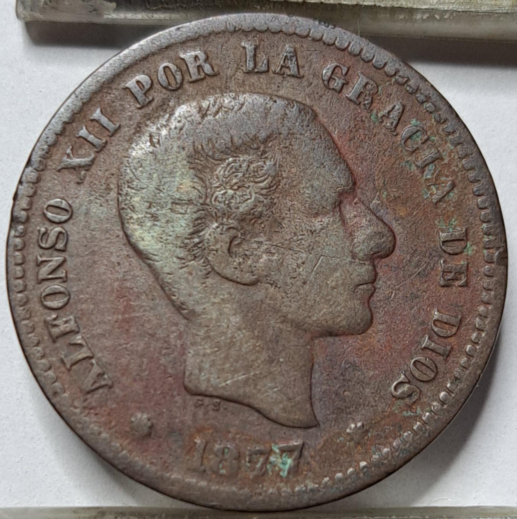 Ispanija 5 Sentimai 1877 KM#674 Bronza (5442)