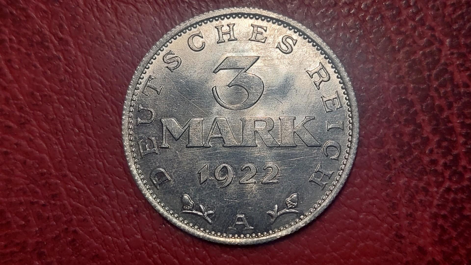 Vokietija 3 markės, 1922A KM# 29 Veimaro konst.