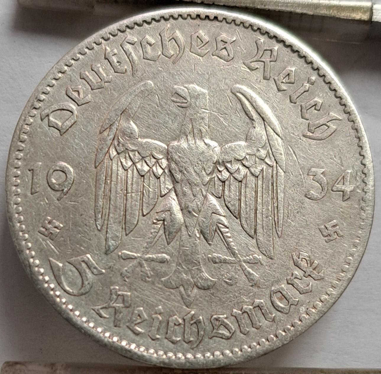 Trečiasis Reichas 5 reichsmarkės 1934 J KM#83 Proginė (5520)