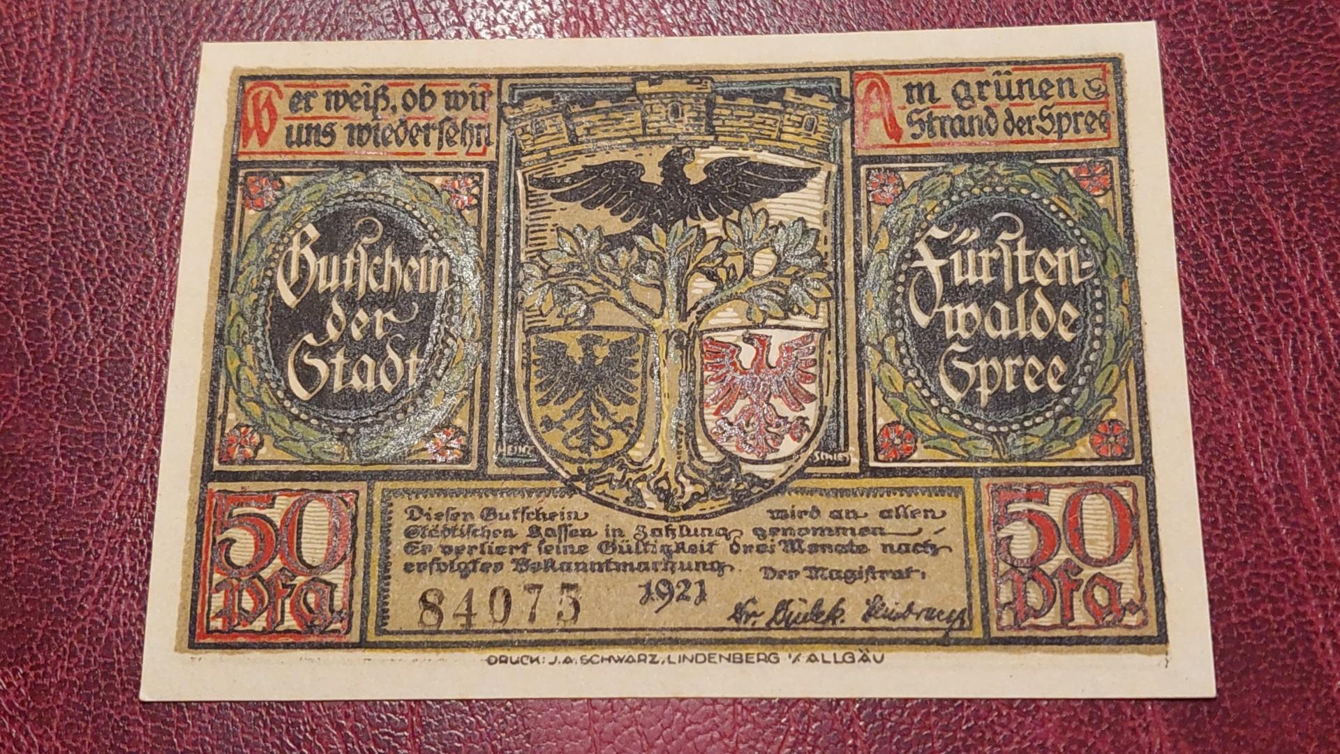 50 Pfennig 1921 Fürstenwalde Notgeld Vokietija