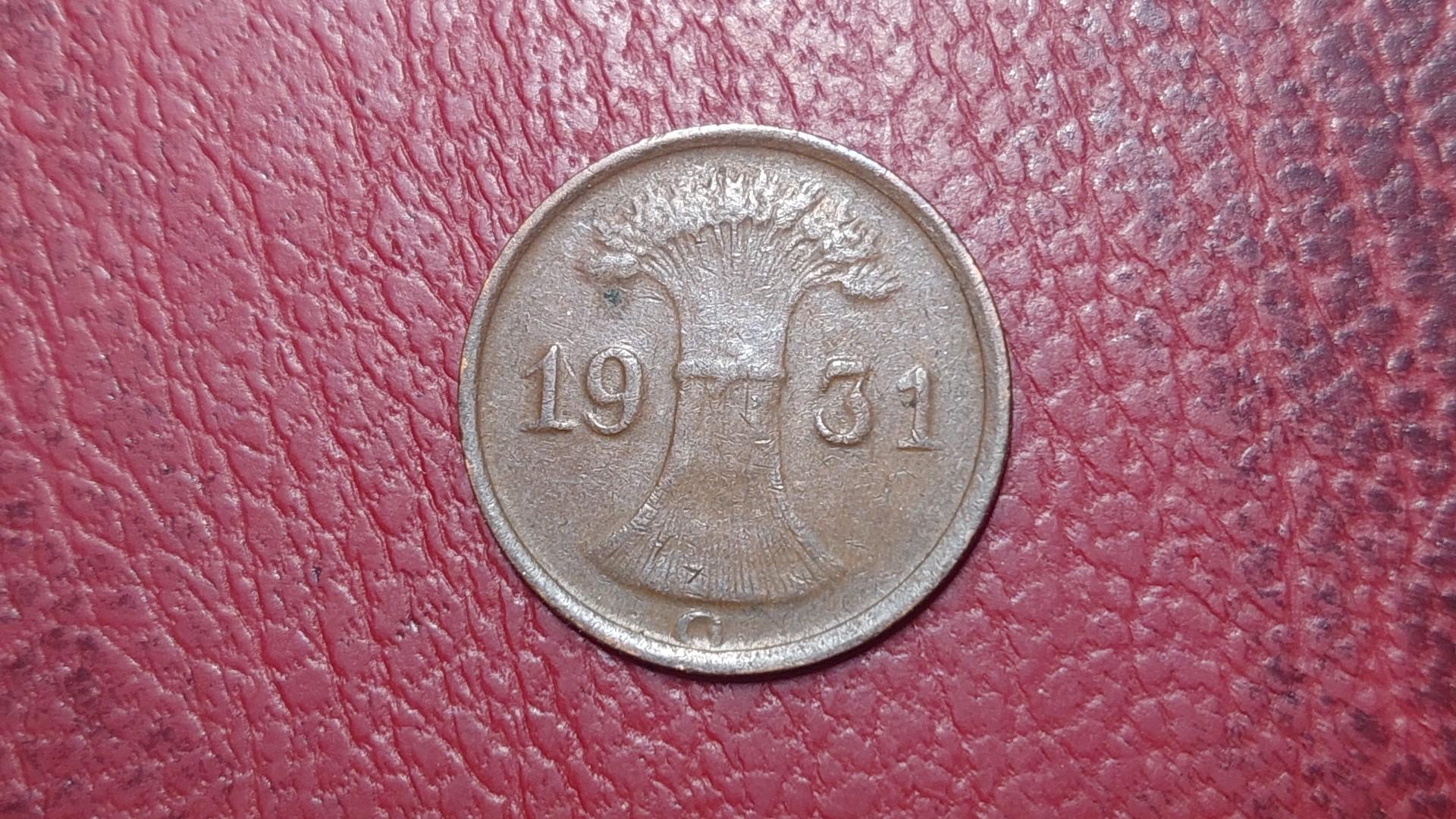 Vokietija 1 reichspfenigas, 1931G KM# 37