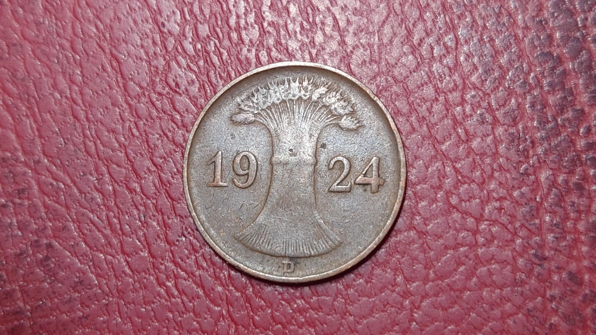 Vokietija 1 reichspfenigas, 1924D KM# 37