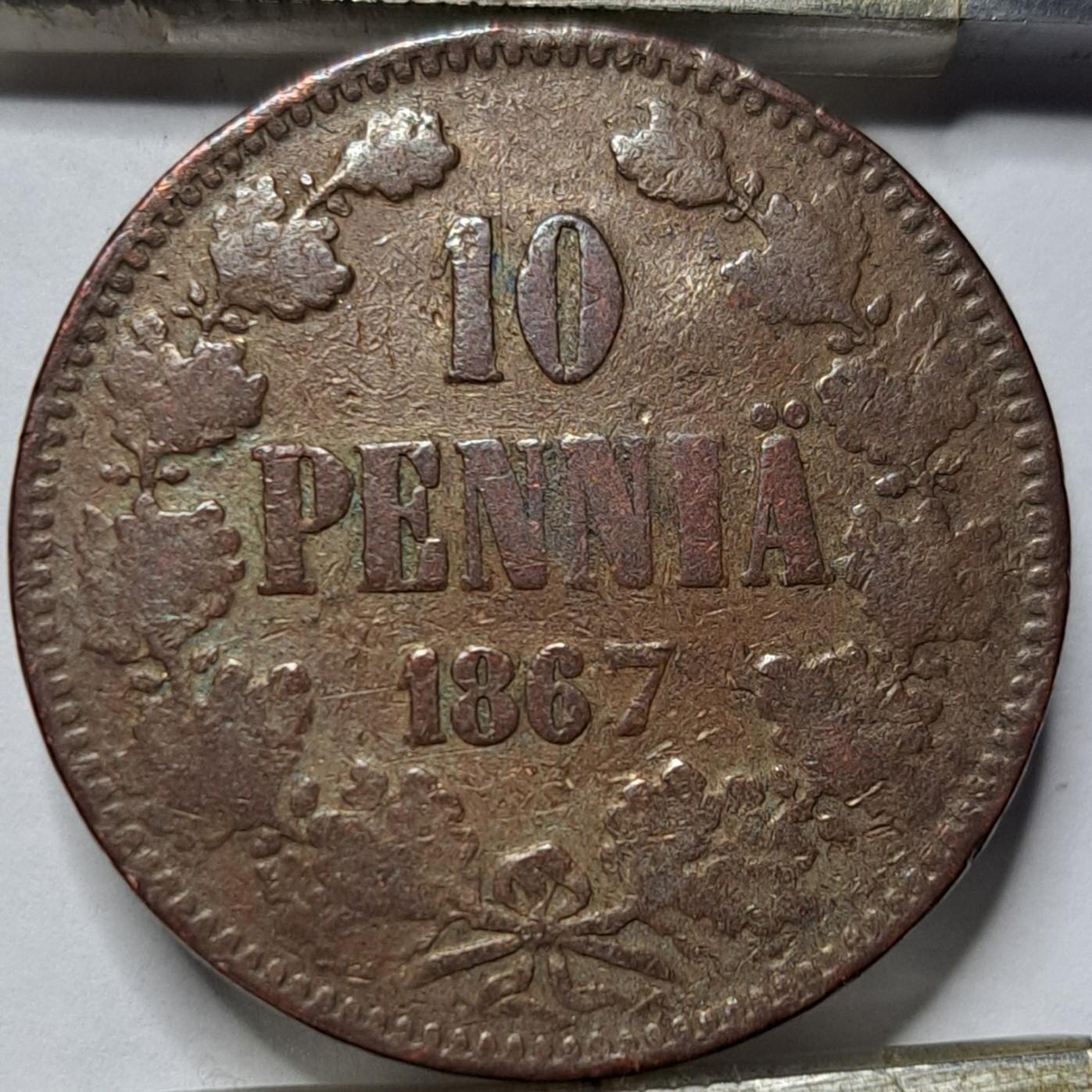 Suomija 10 Pensų 1867 KM#5.1 Varis (5741)