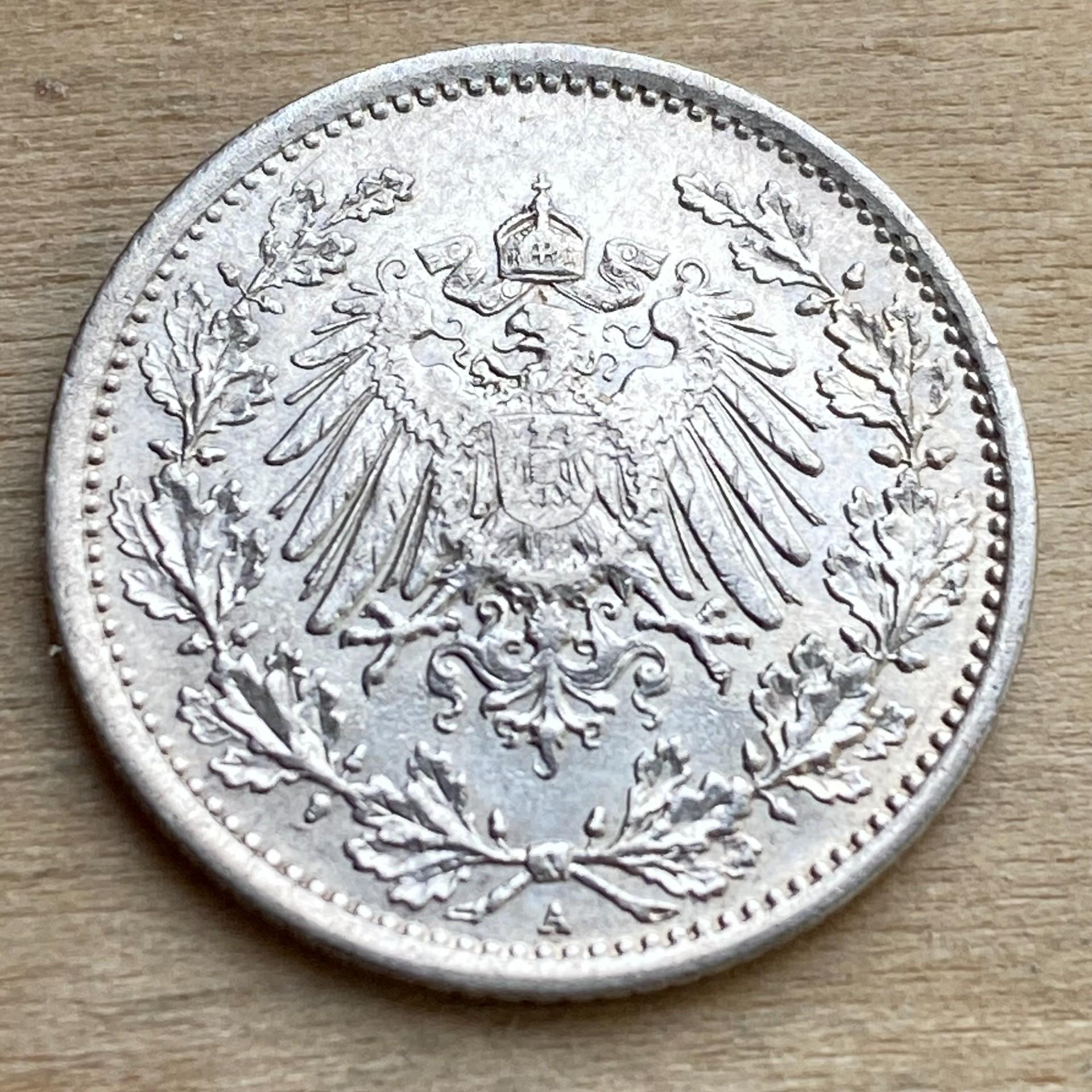 1915A Germany .900 sidabro 1/2 Mark