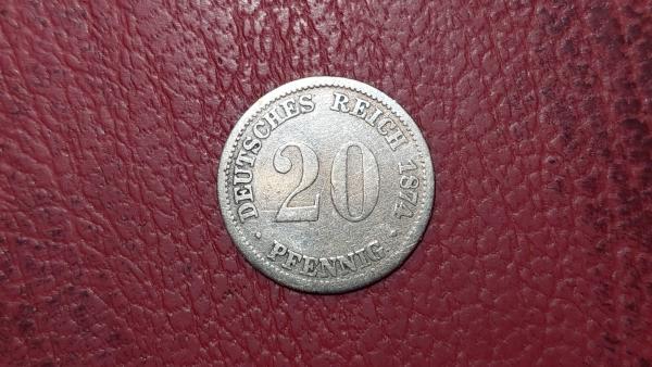 Vokietija 20 pfenigų, 1874D KM# 5 AG 0.900