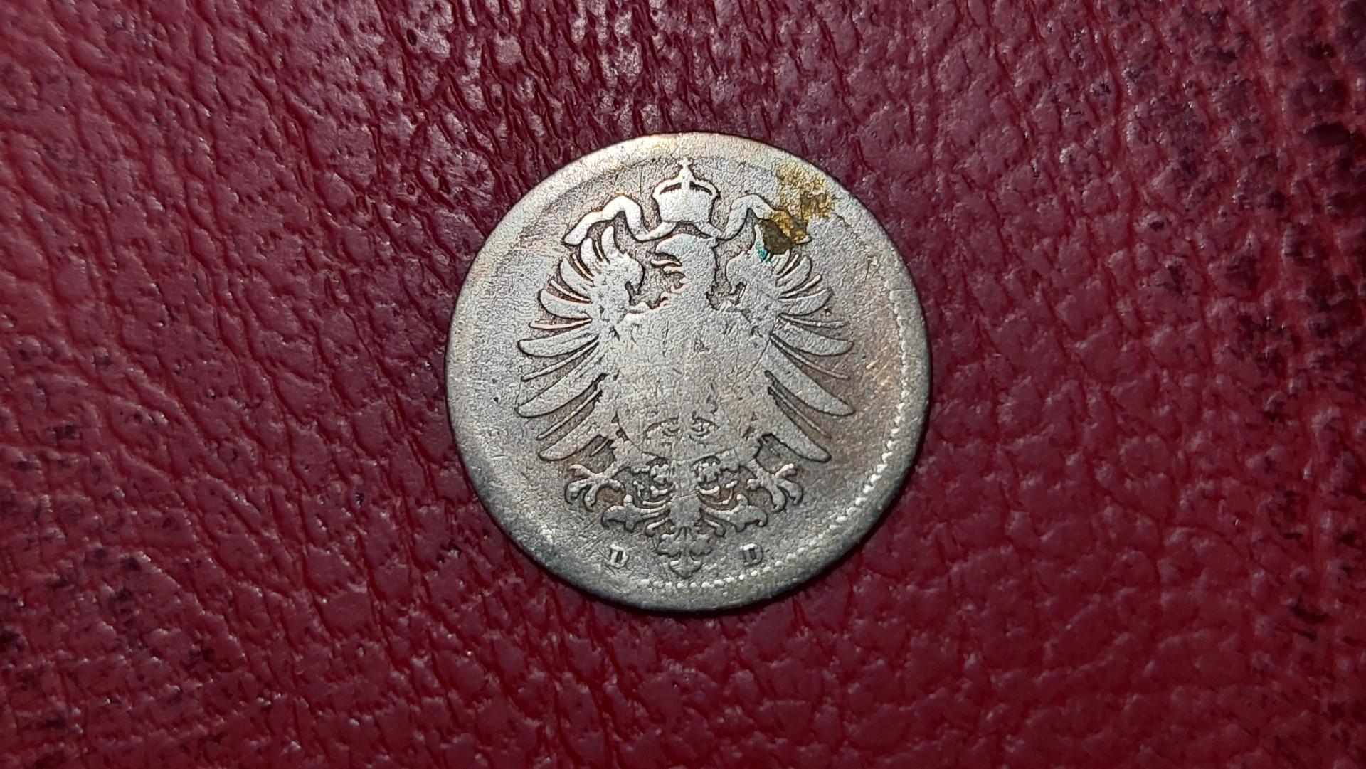 Vokietija 20 pfenigų, 1874D KM# 5 AG 0.900