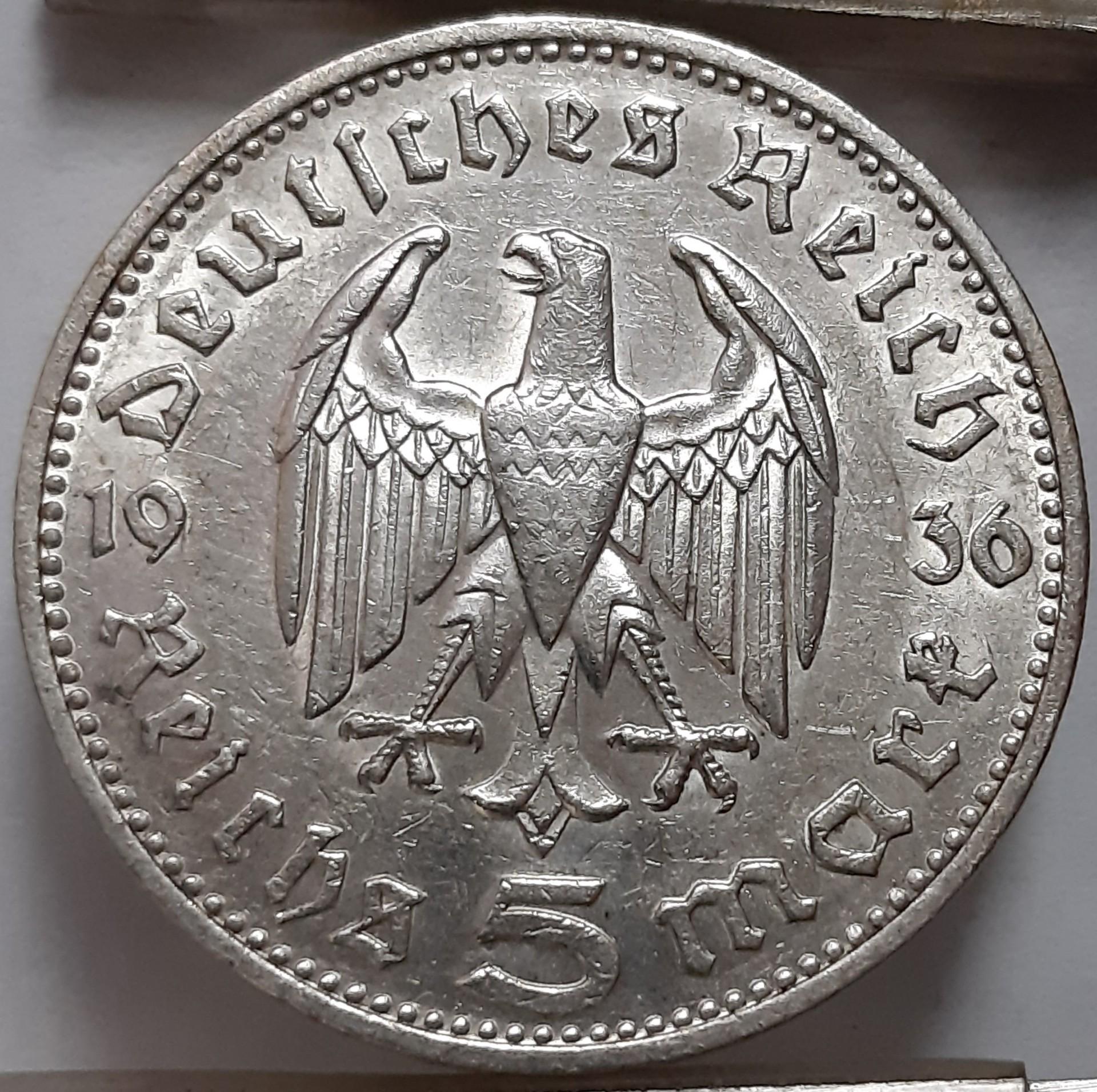 Vokietija 5 Reichsmarkės J 1936 KM#86 (6183)