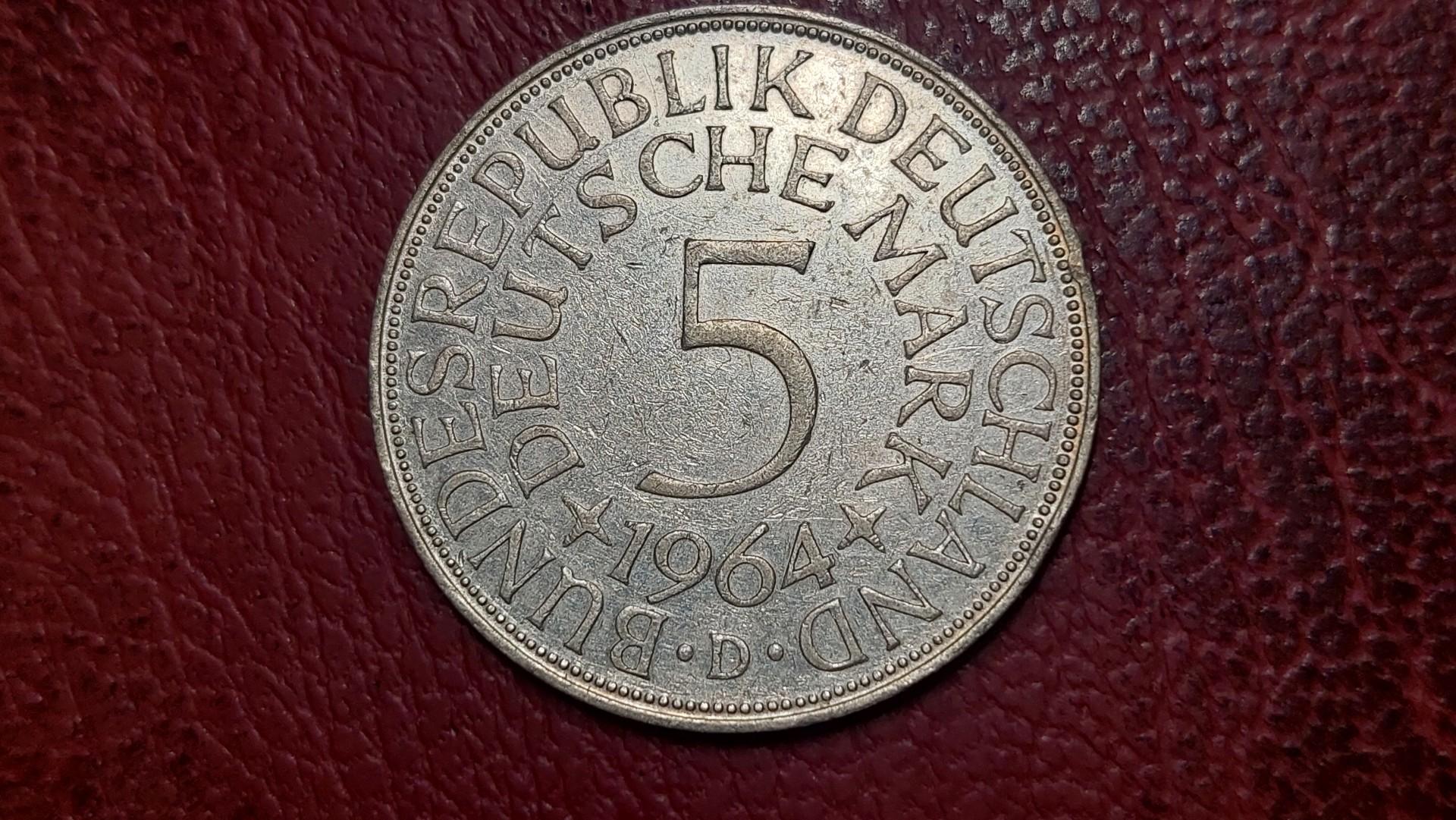 Vokietija 5 markės, 1964D KM# 112 AG 0.625