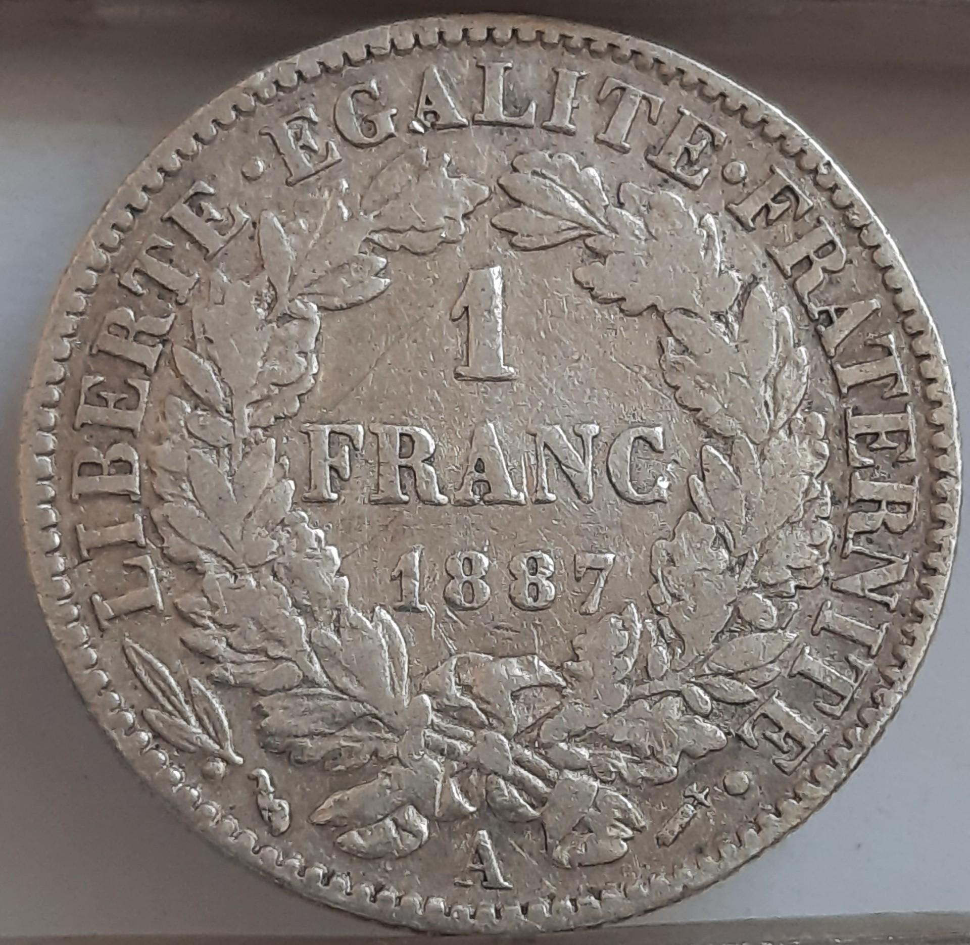 Prancūzija 1 frankas 1887 KM#822 (6271)