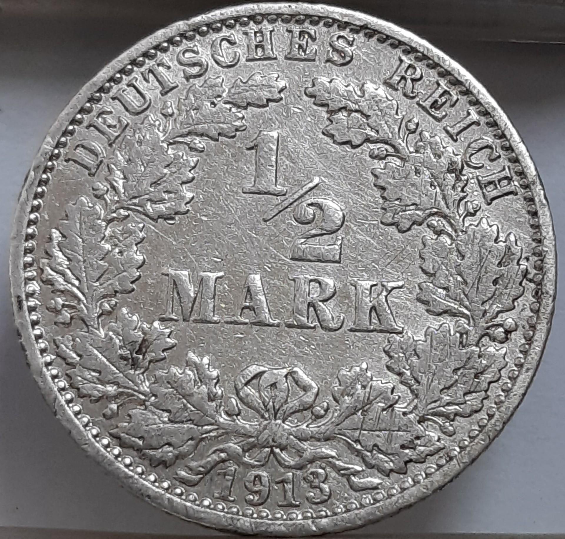 Vokietija 1/2 markės J 1913 reta KM#17 (6471)