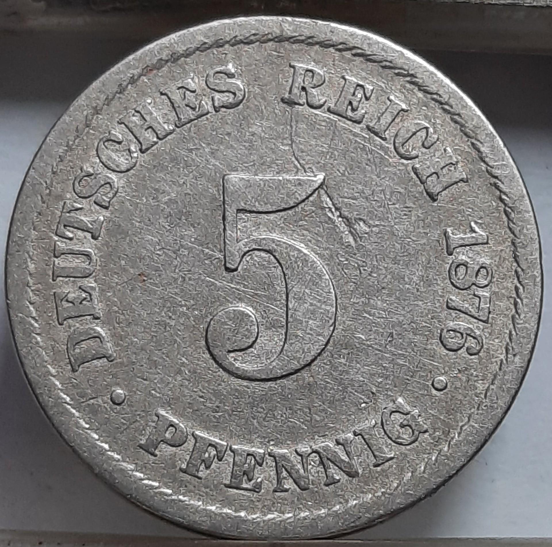 Vokietija 5 Pfenigai B 1876 KM#3 (6498 )