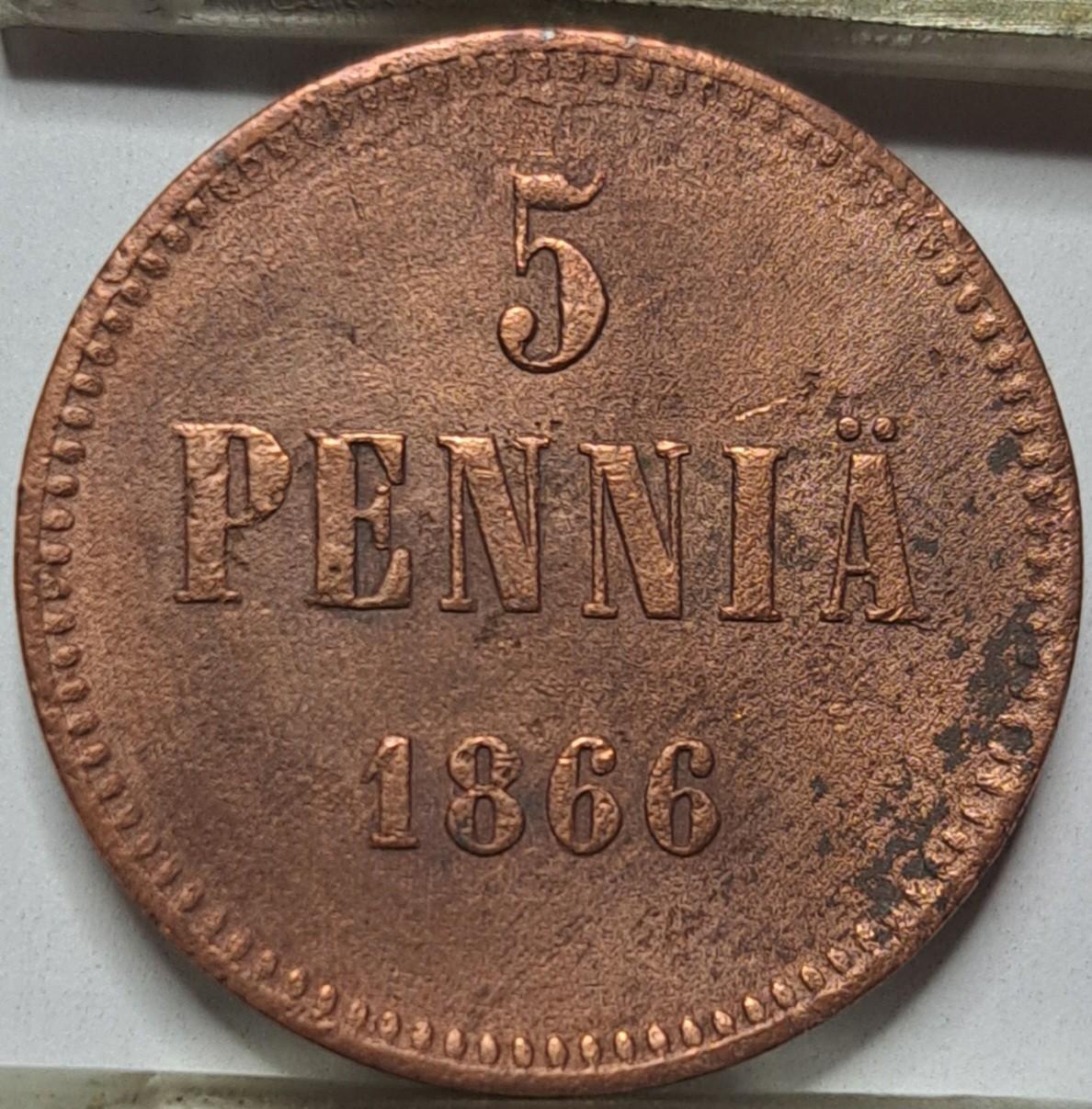 Suomija 5 pensai 1866 KM#4.1 (6559)