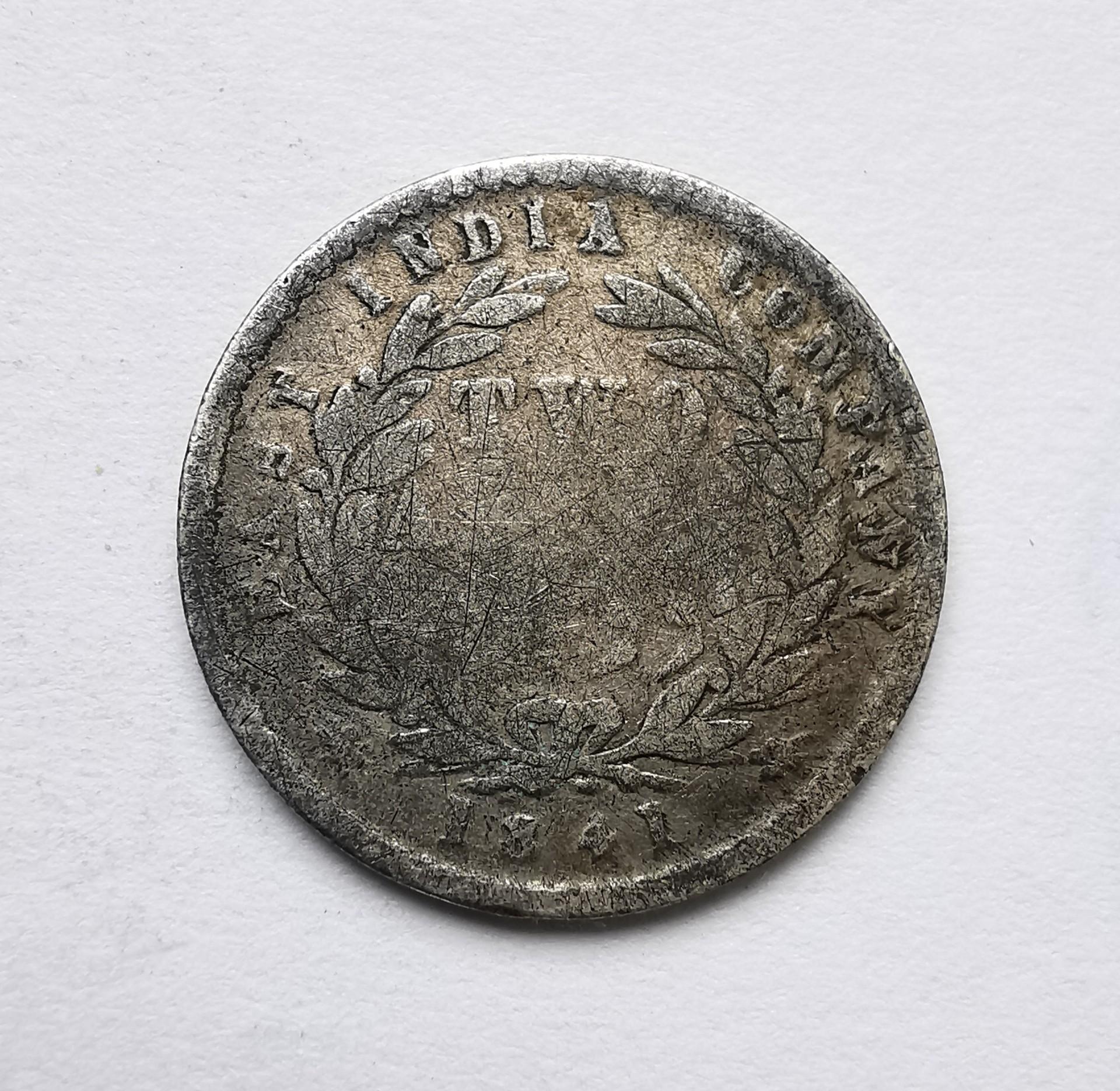 Indija 2 anna 1841 sidabras reta