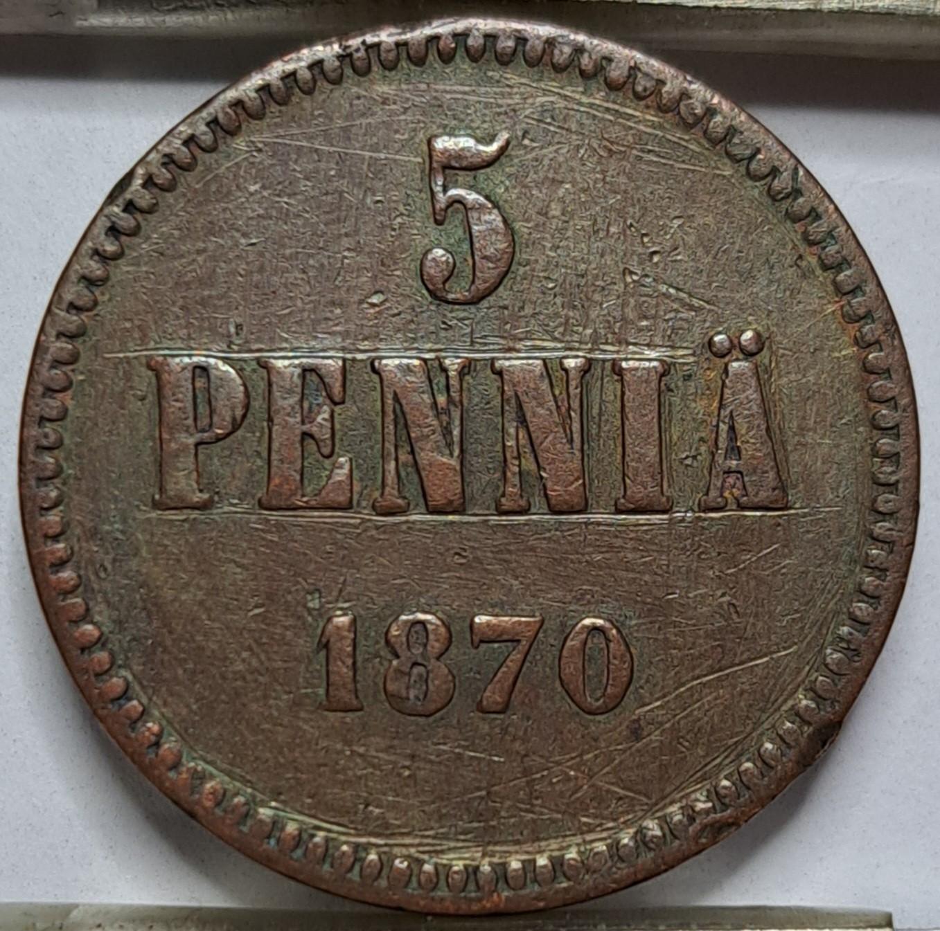 Suomija 5 pensai 1870 RETA KM#4.1 (6993)