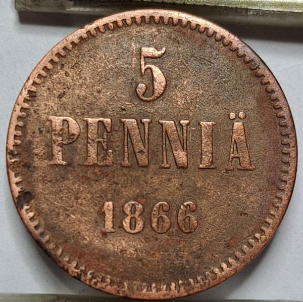 Suomija 5 pensai 1866 KM#4.1 (6994)