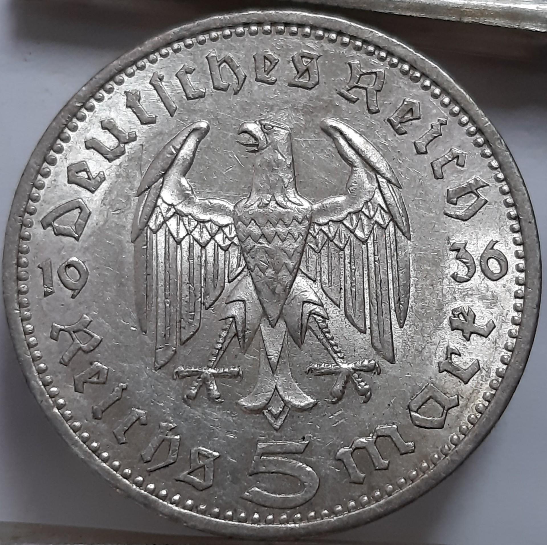 Vokietija 5 reichsmarkės A 1936 KM#86 (7176)