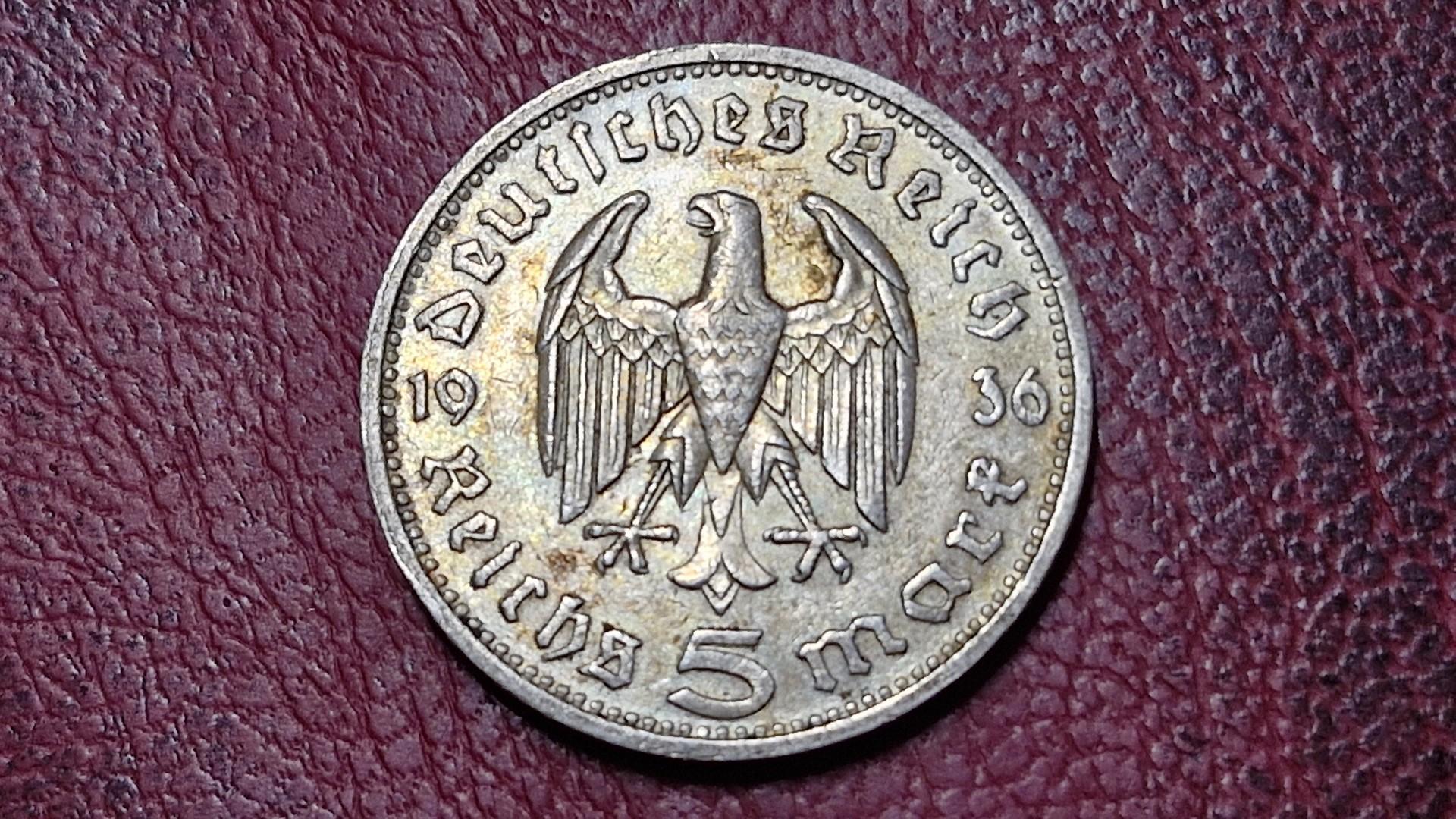 Trečiasis Reichas 5 reichsmarkės, 1936D KM# 86 AG