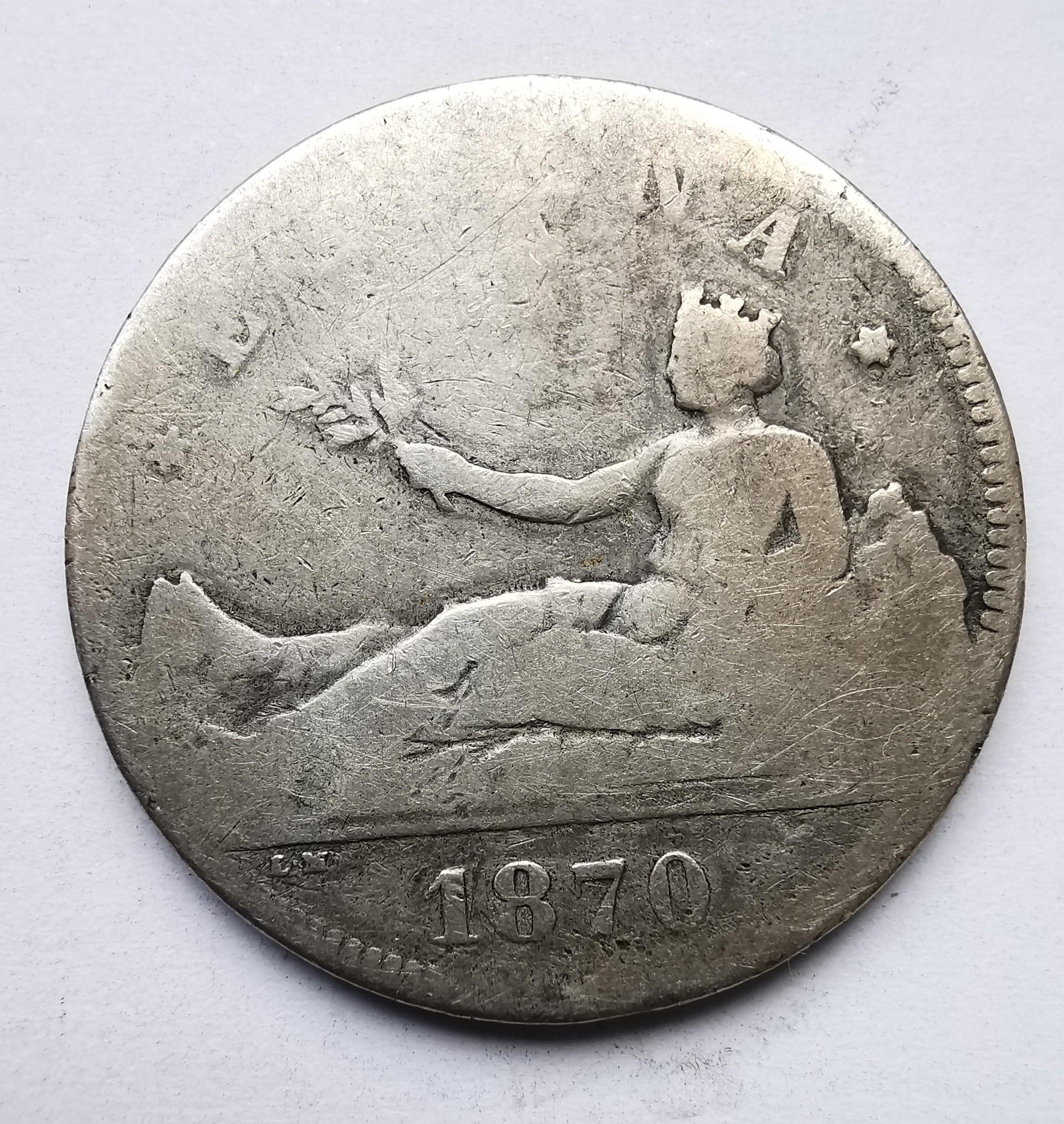 Ispanija 2 peseta 1870 sidabras