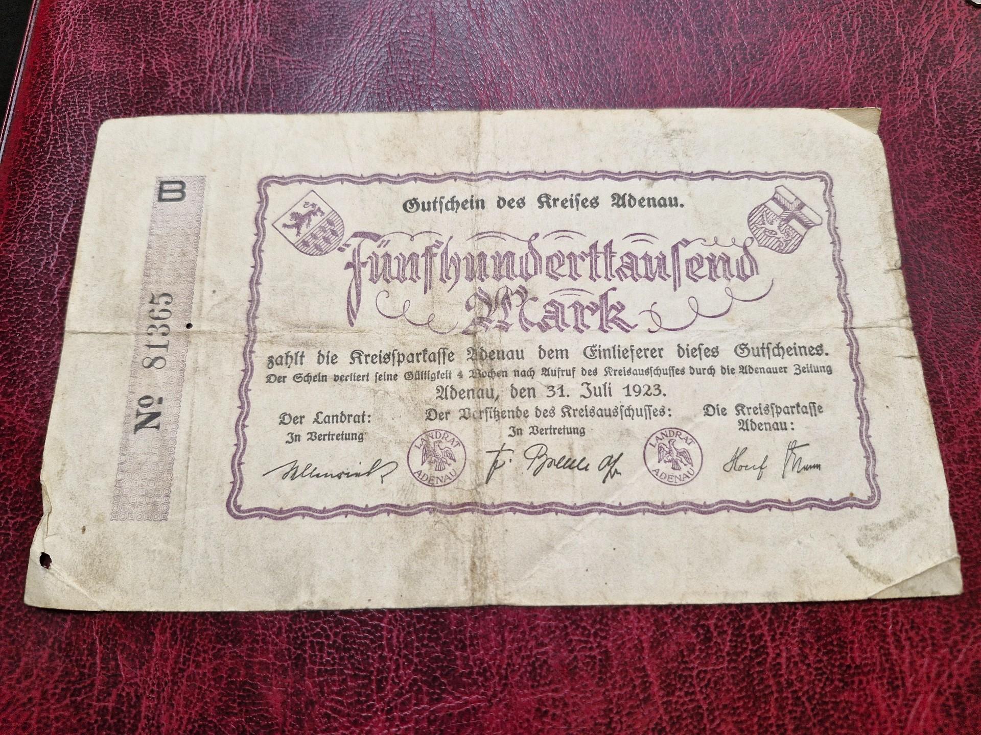 500,000 Mark 1923.07.31 Adenau Notgeld Vokietija