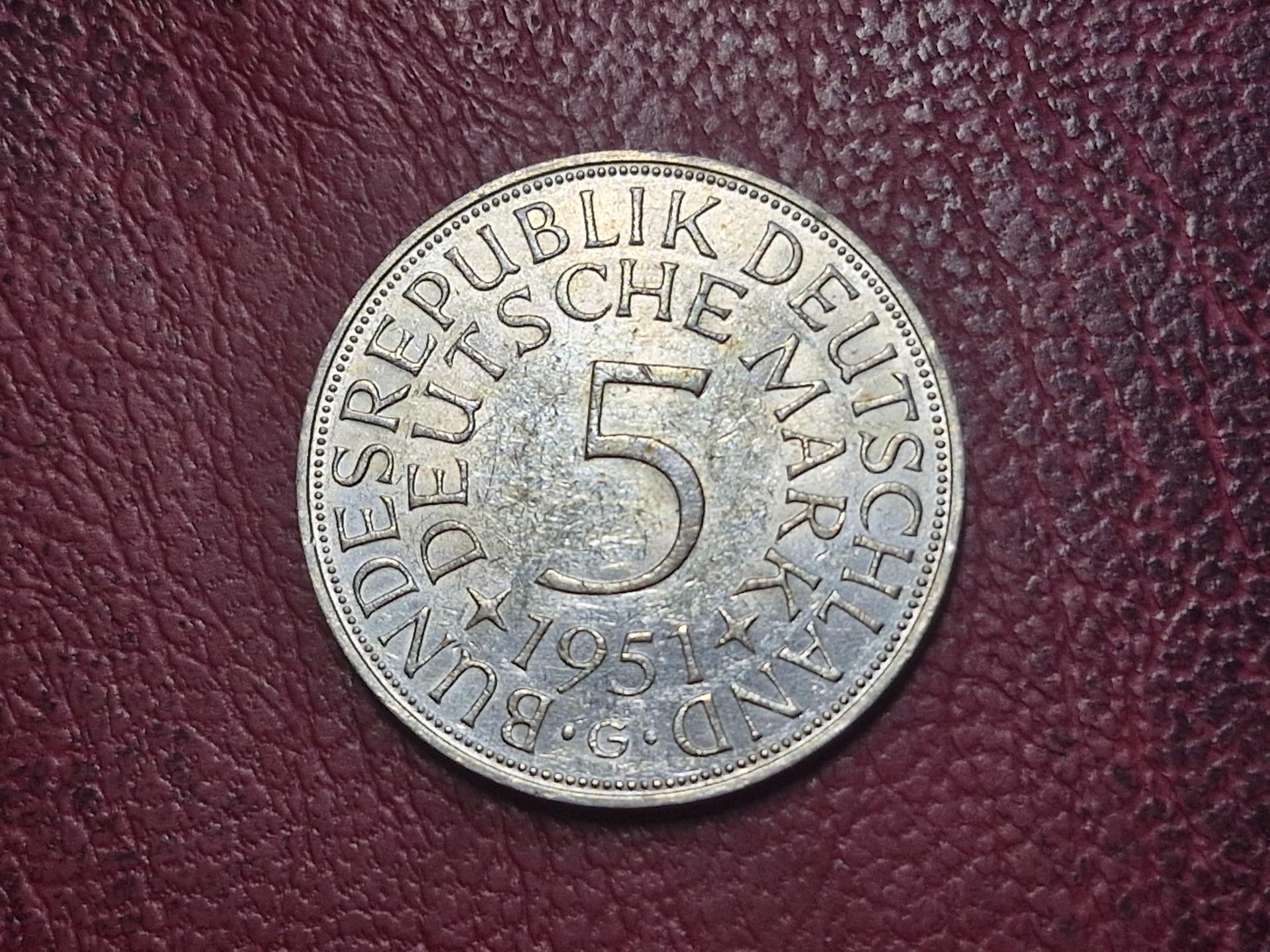 Vokietija 5 markės, 1951G KM# 112 AG 0.625