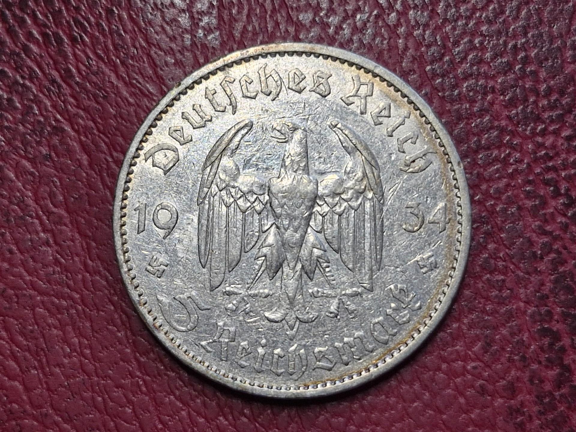 Trečiasis Reichas 5 reichsmarkės, 1934A AG 0.900