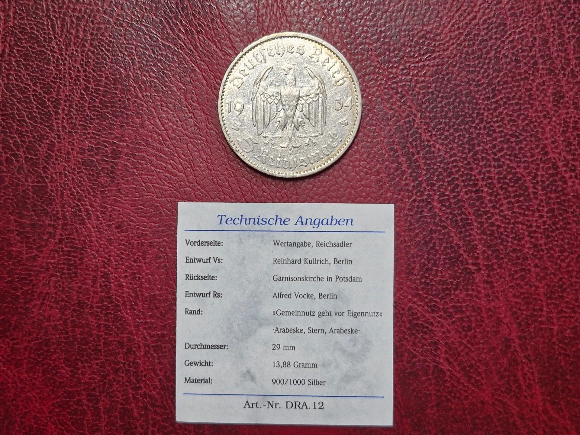 Trečiasis Reichas 5 reichsmarkės, 1934A AG 0.900