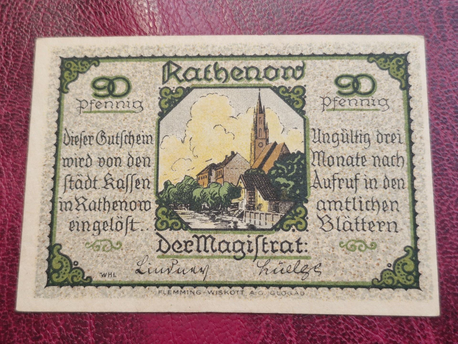 90 Pfennig 1921 Rathenow Notgeld Vokietija