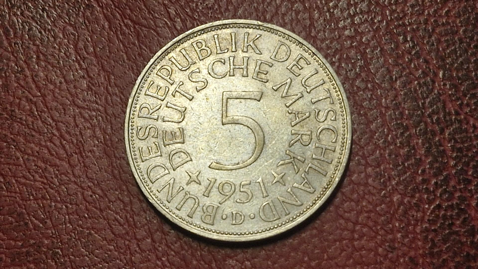 Vokietija 5 markės, 1951d Km# 112 Ag 0.625