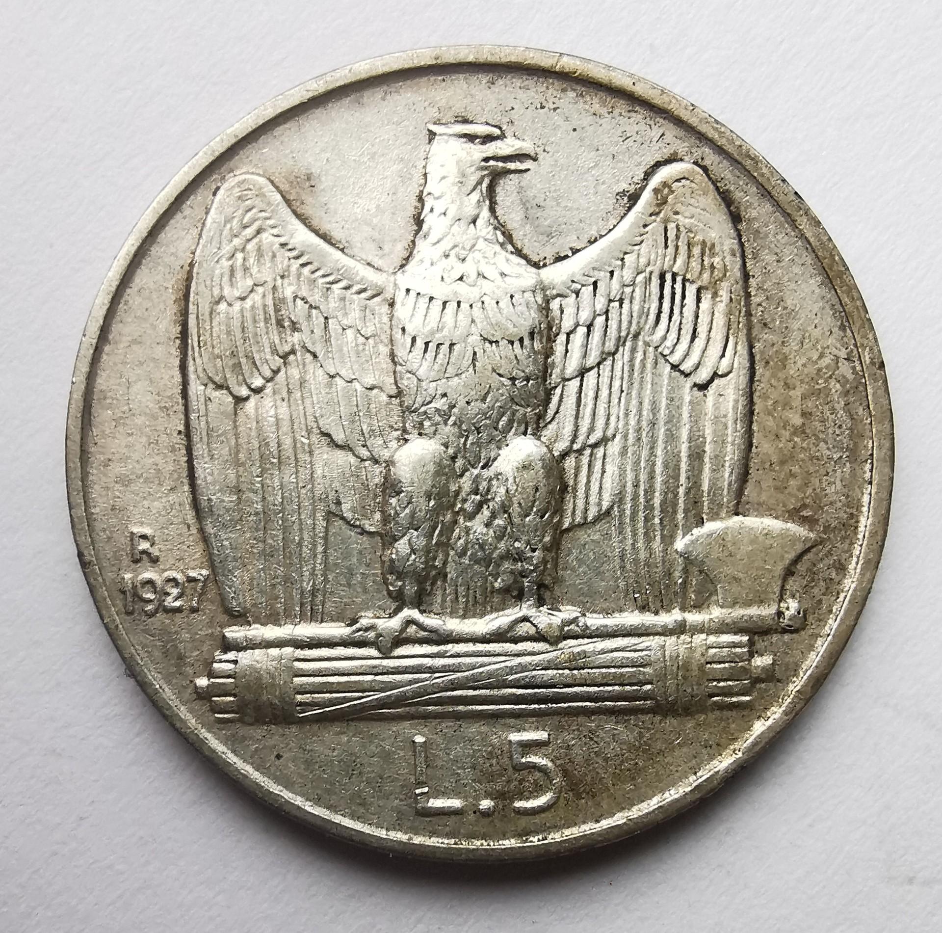 Italija 5 liros 1927 sidabras 