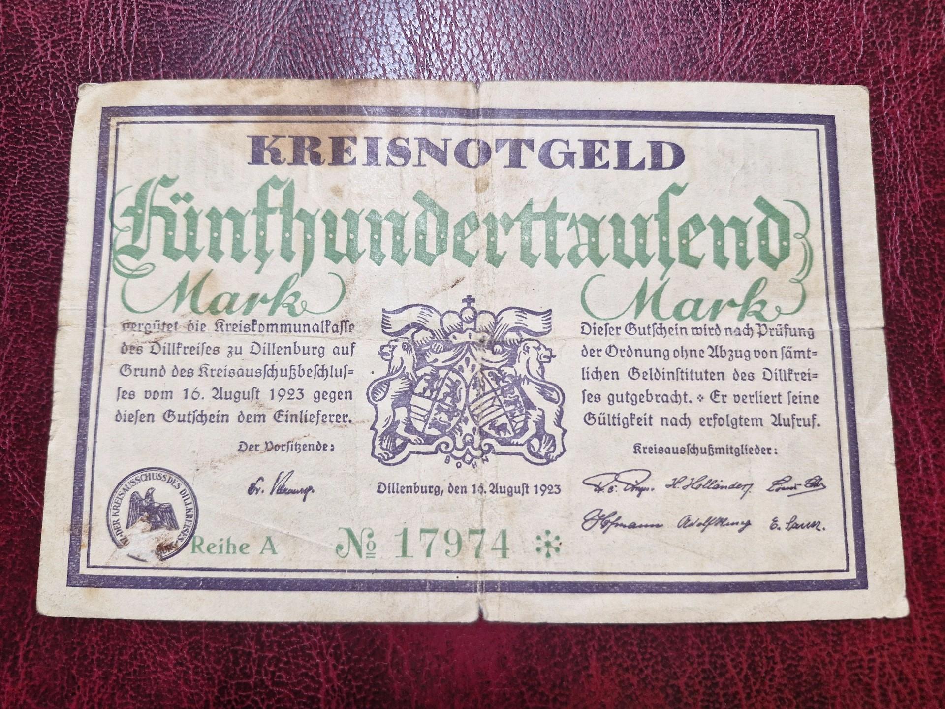 500,000 Mark 1923.08.16 Dillenburg Notgeld Germany