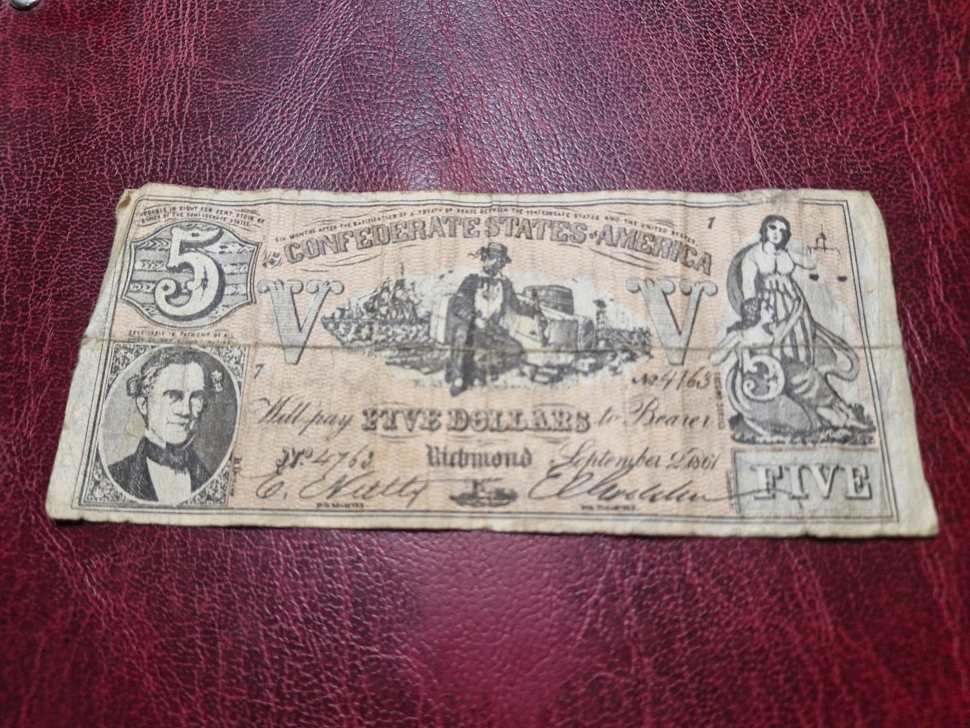 Confederate St. Civil War Richmond, 5 Dollars 1861