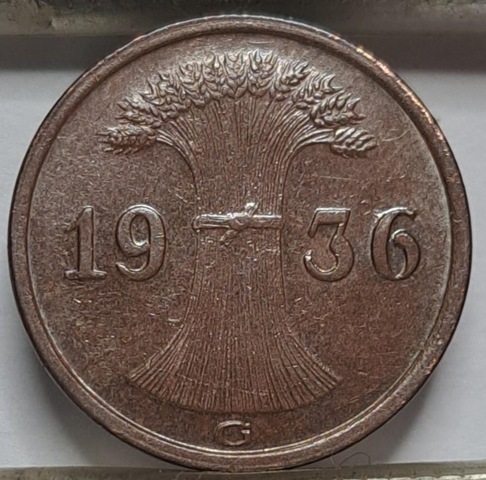 Vokietija 1 reichspfenigas G 1936 KM#37 (8128)