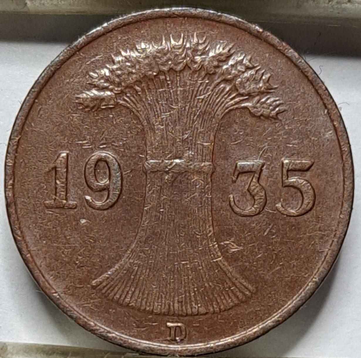 Vokietija 1 reichspfenigas D 1935 KM#37 (8155)