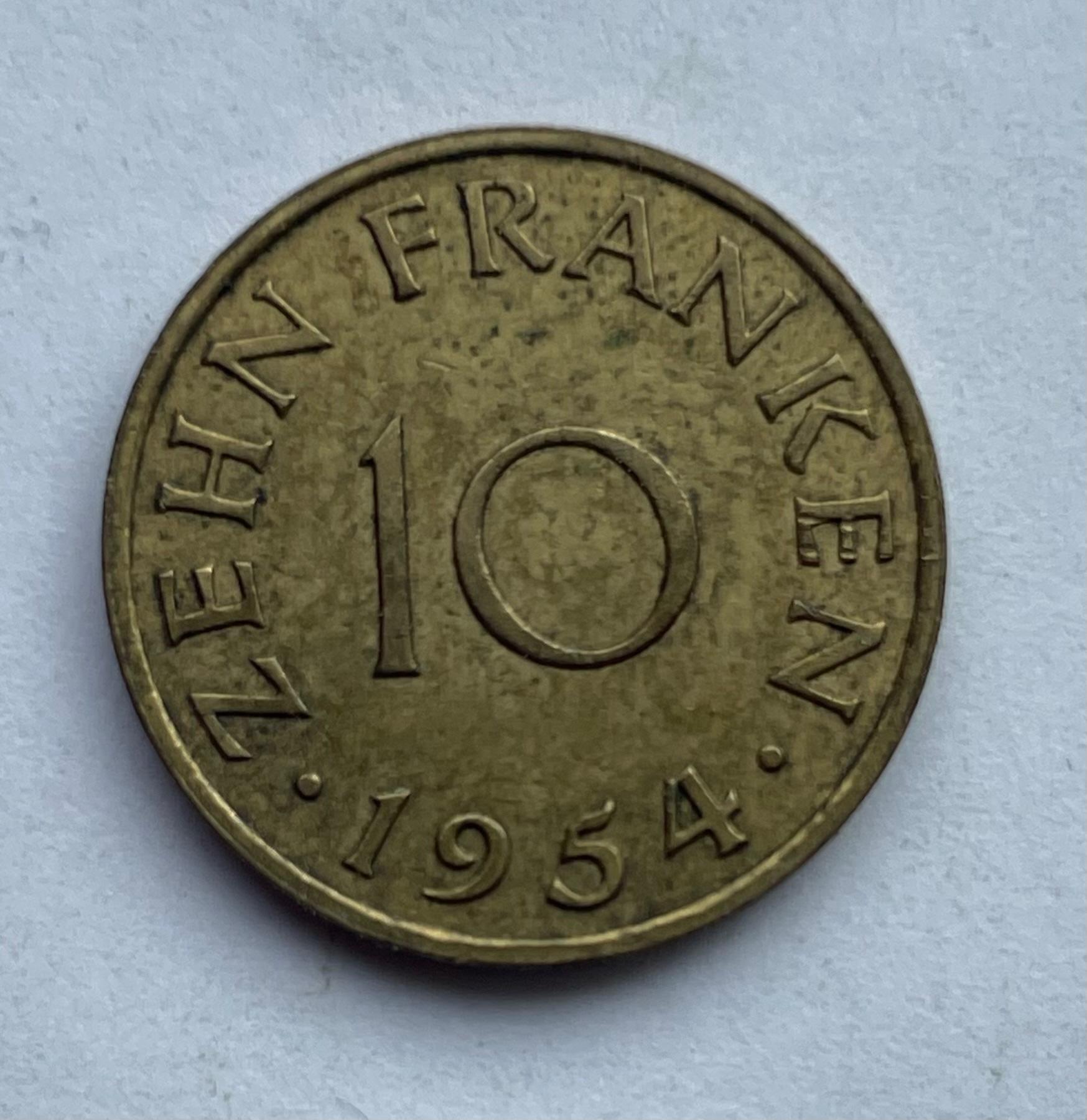 Saarland 10 frankų 1954 reta 