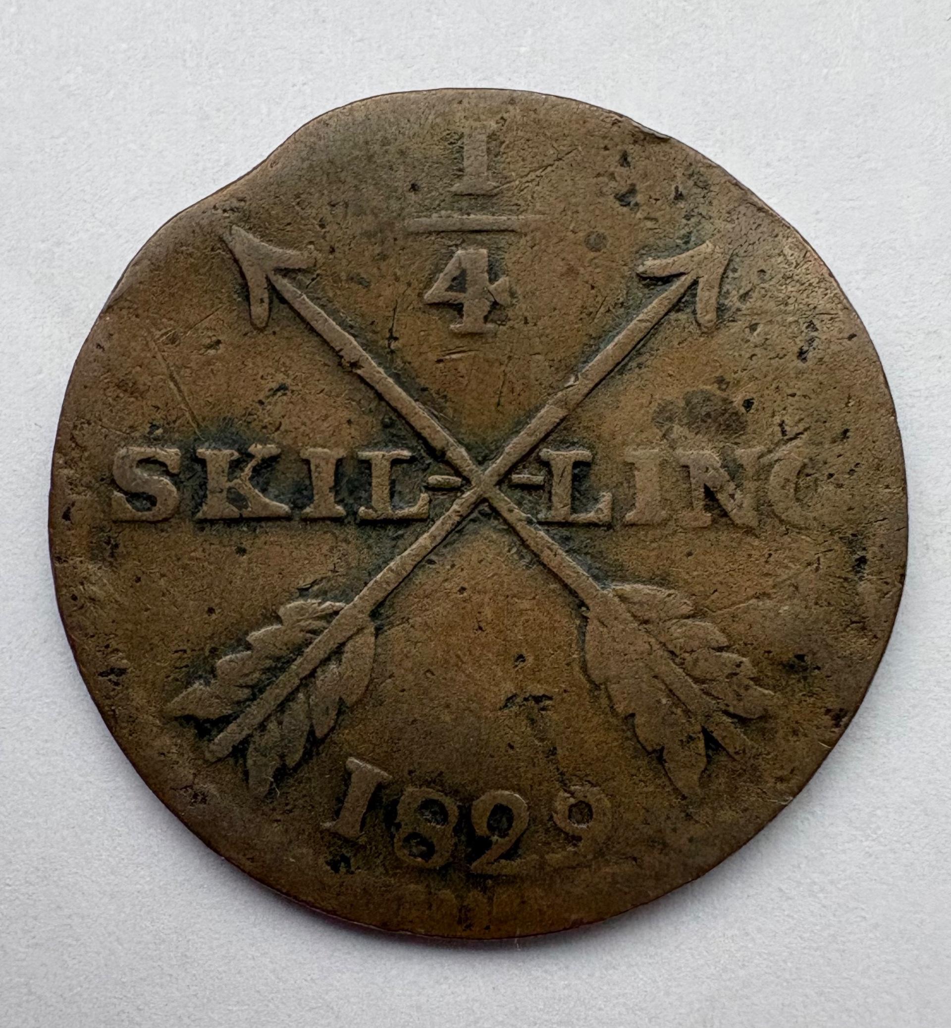 Švedija 1/4 skilling 1826