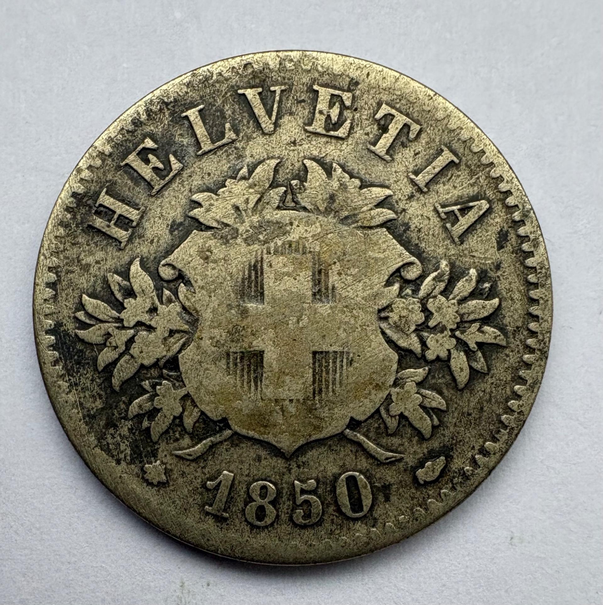 Šveicarija 20 rapen 1850