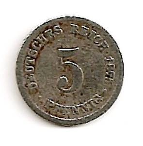 Vokietija. 5 feningai ( 1875; C ) VF