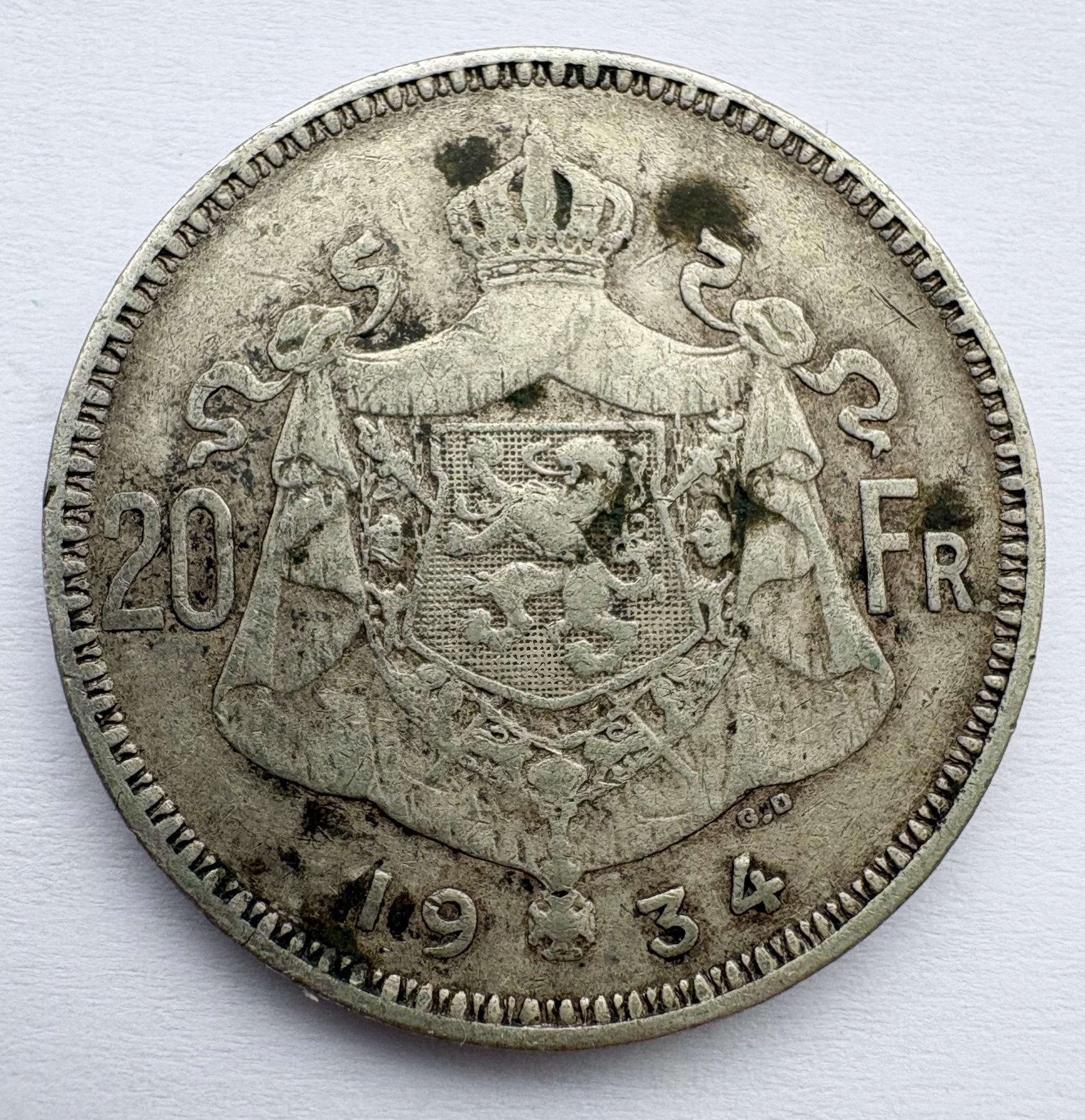 Belgija 20 Fr 1934 sidabras 