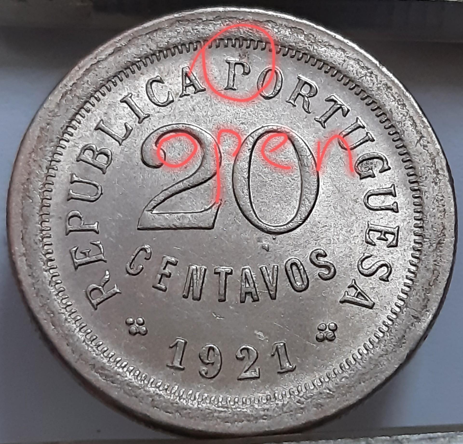 Portugalija 20 sentavų 1921 KM#571 (7662)