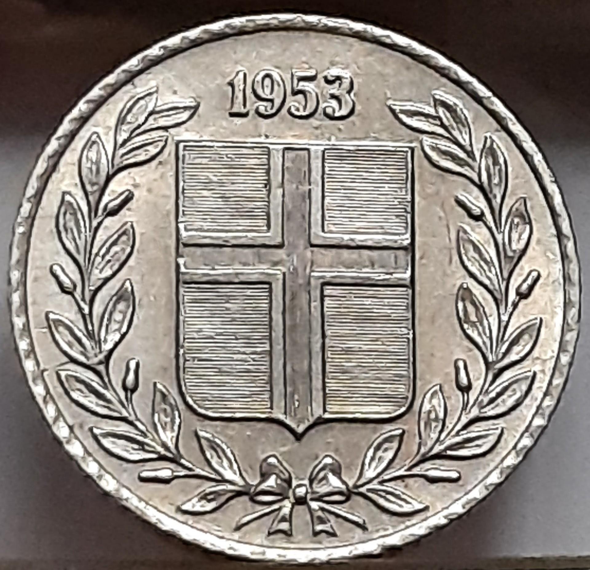Islandija 10 Aurų 1953 KM#10 (B66)