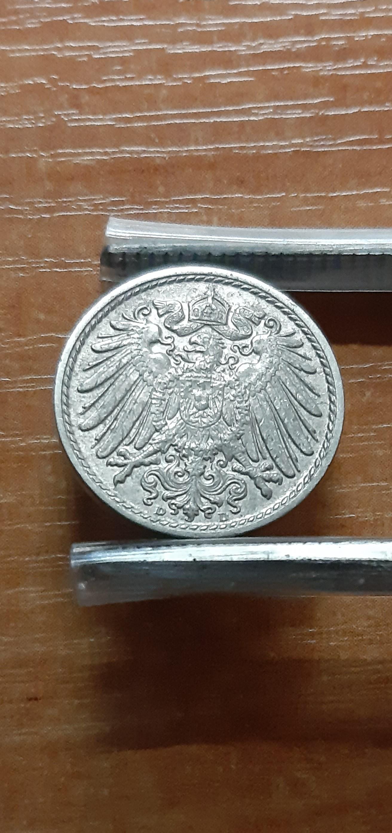 Vokietija 5 Pfenigai Raidė D 1908 KM#11