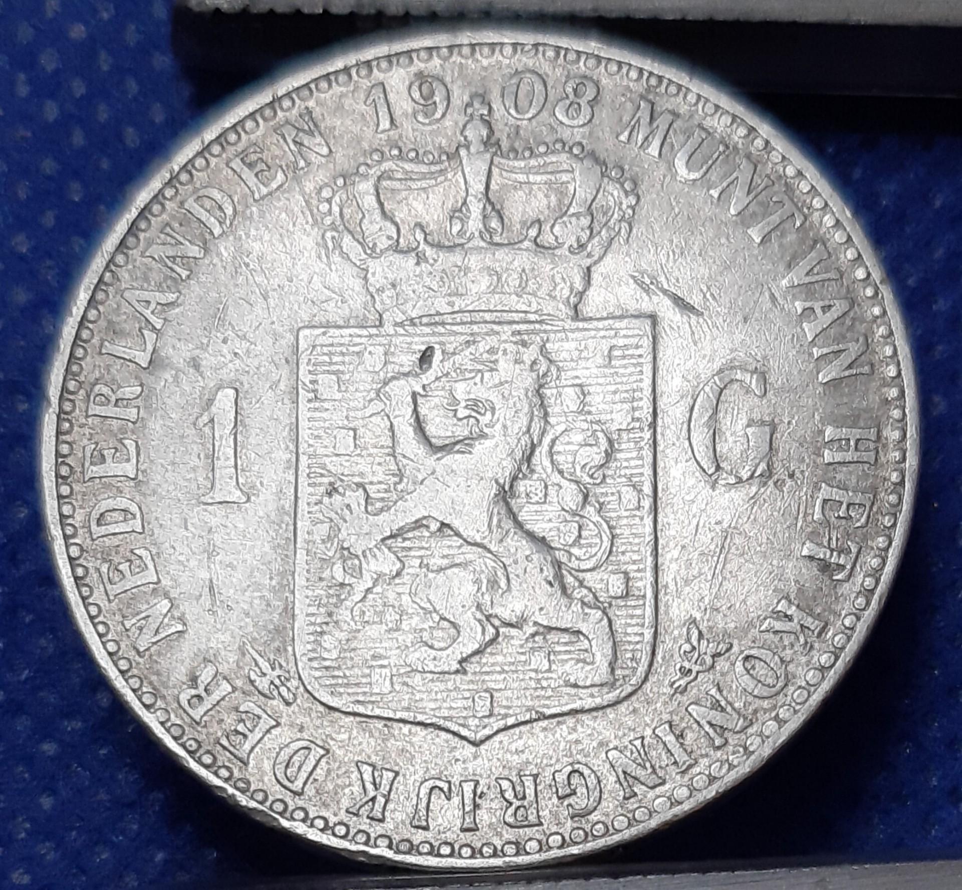 Nyderlandai 1 Guldenas 1908 KM#122.2 Sidabras (538)